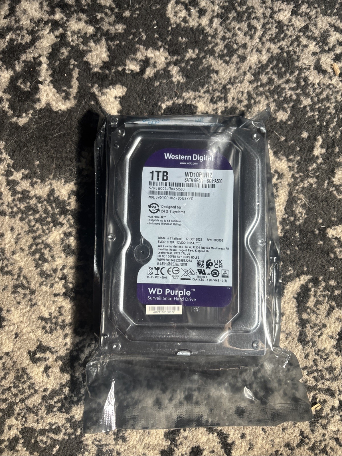 Western Digital WD Purple 1TB HDD WD10PURZ 3.5” SATA III 5400RPM Surveillance