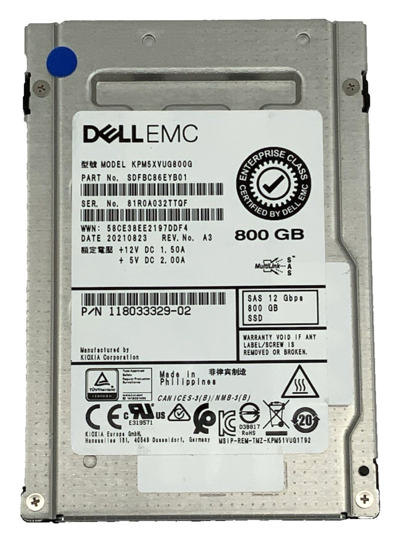 Kioxia Dell EMC 800GB SAS 12Gb/s 2.5" Enterprise SSD | KPM5XVUG800G 118033329-02