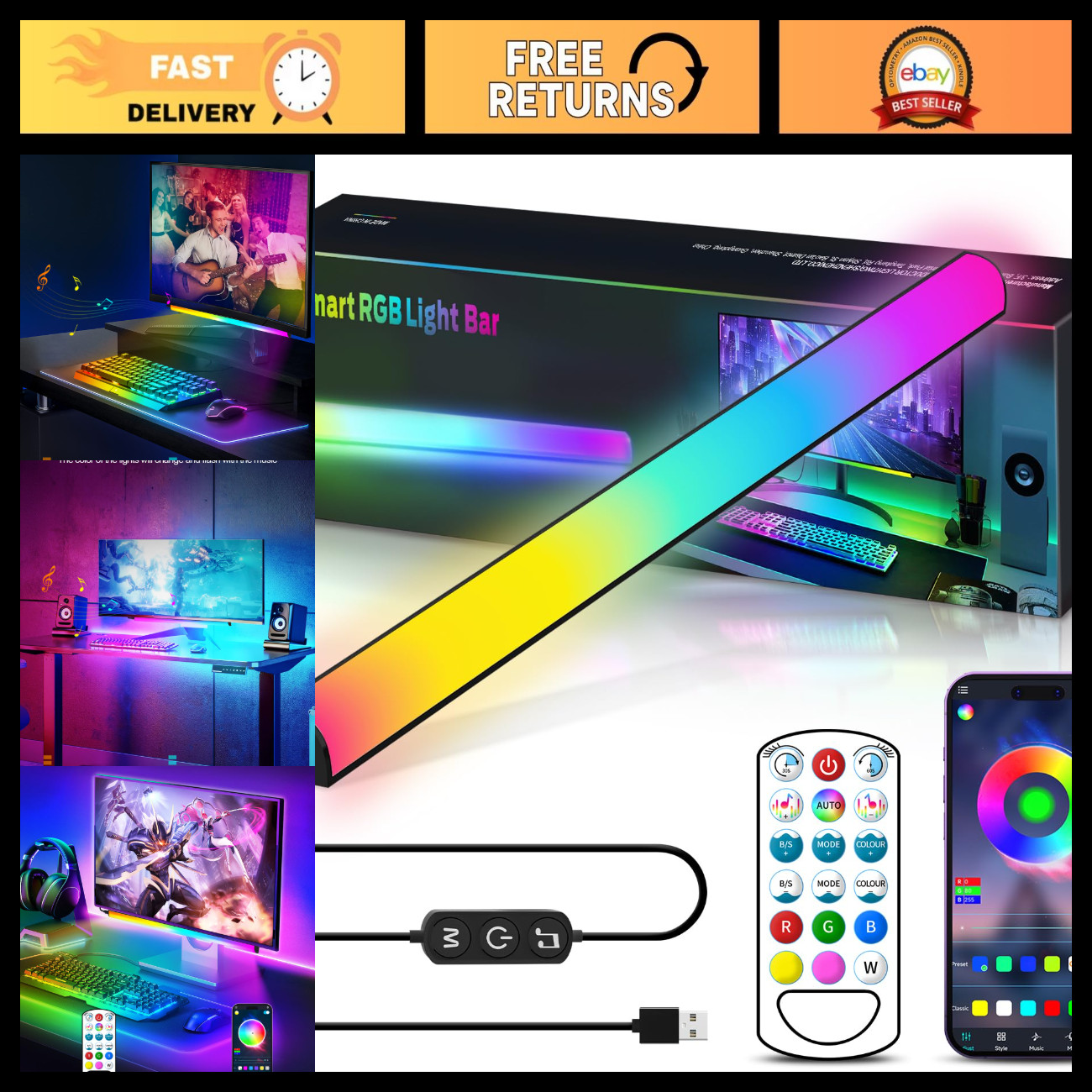 RGB Monitor Light Bar - Dimmable LED Desk Lamp with Dynamic Rainbow Effects, Rem