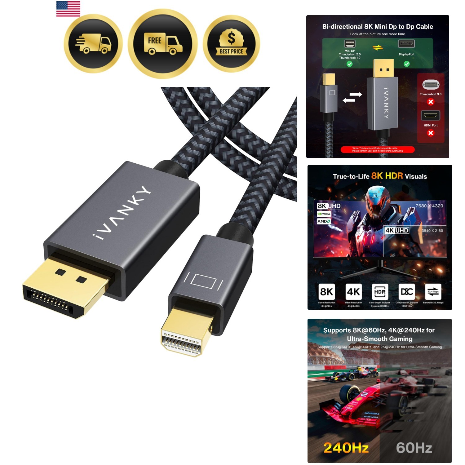 8K Mini DisplayPort to DisplayPort 1.4 Cable 10ft, 8K@60Hz 4K@240Hz 32.4Gbps ...