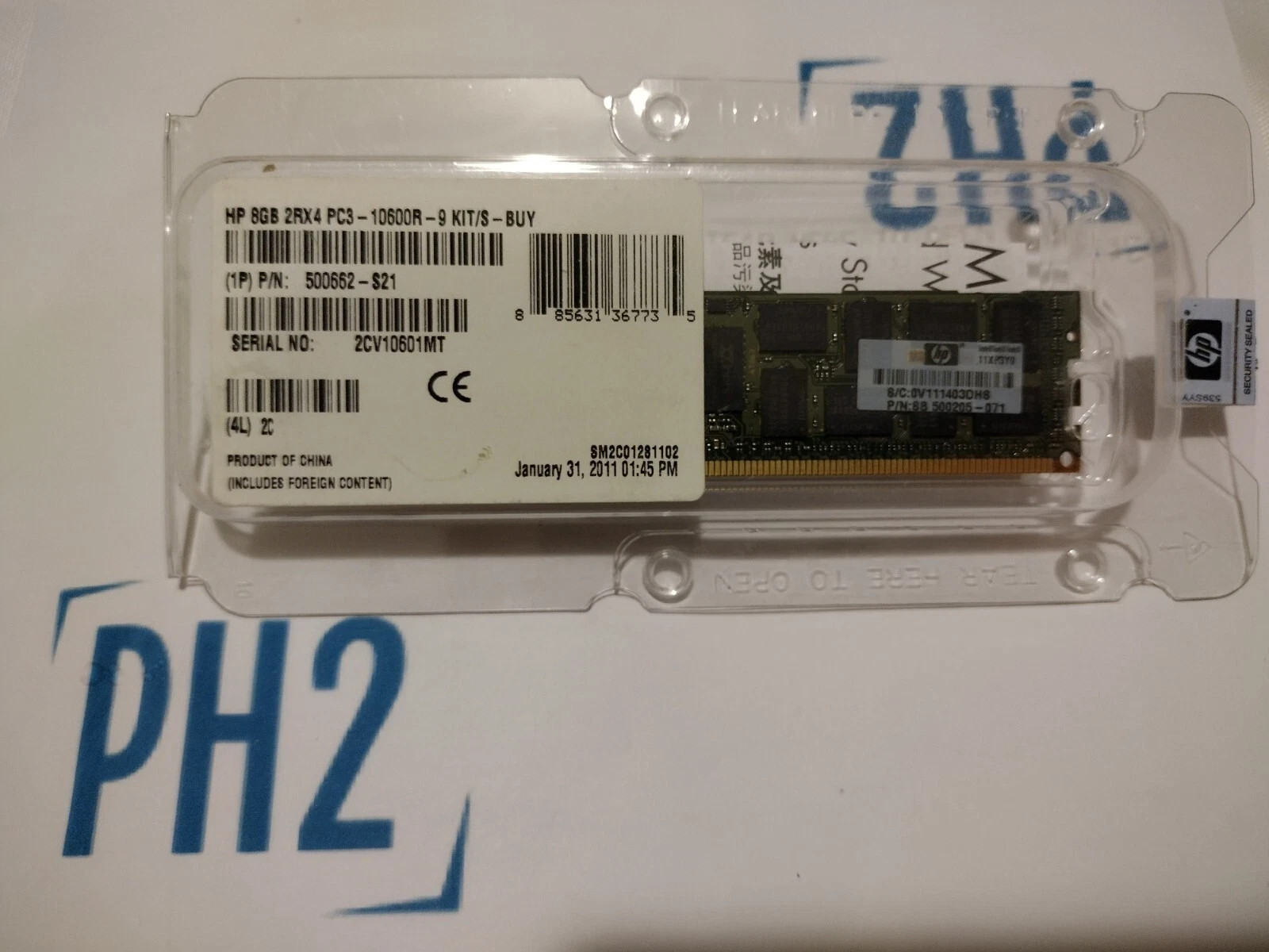 LOT OF 2 HPE NEW RETAIL 500662-S21 500205-071 8GB 2RX4 PC3-10600R-9 KIT/S NEW