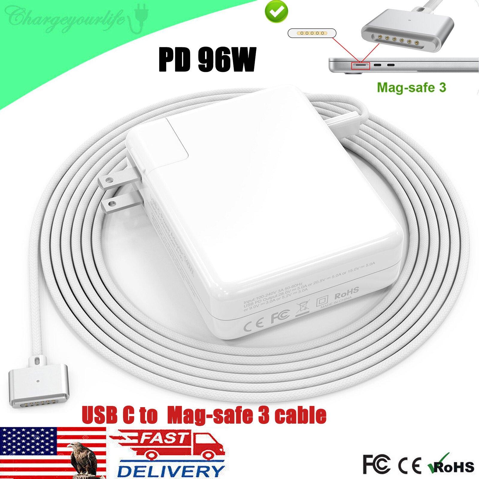 140W USB-C to Mag-3 Charger For Macbook pro 14'' 16'' later 2021 M4 M3 M2 A2452