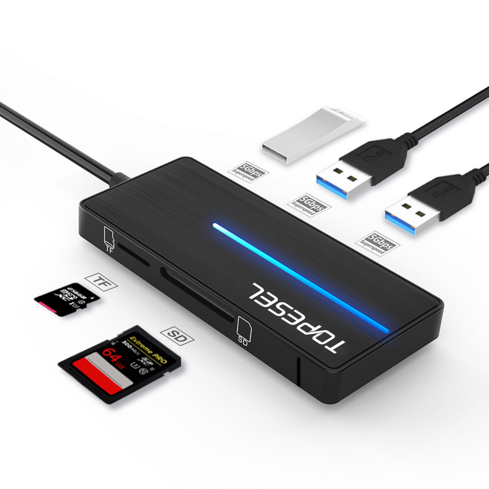 TOPESEL High Speed 3Port USB 3.0 HUB Adapter + TF SD Card port Splitter External