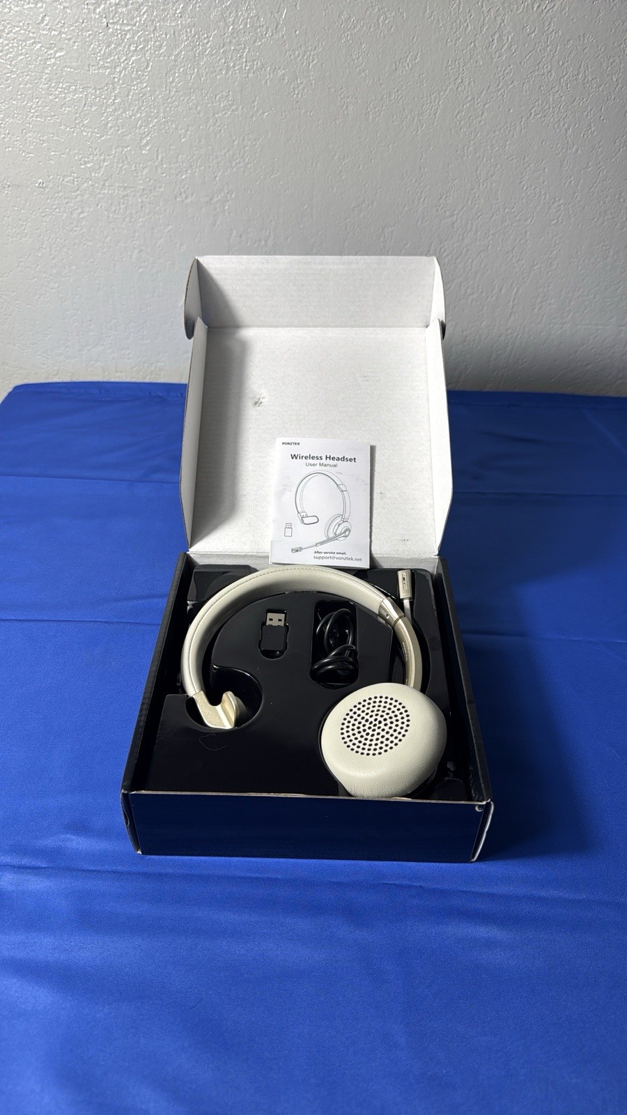 VONZTEK BT-68 Bluetooth Wireless USB Headset Boom Mic Noise Cancel Mute White