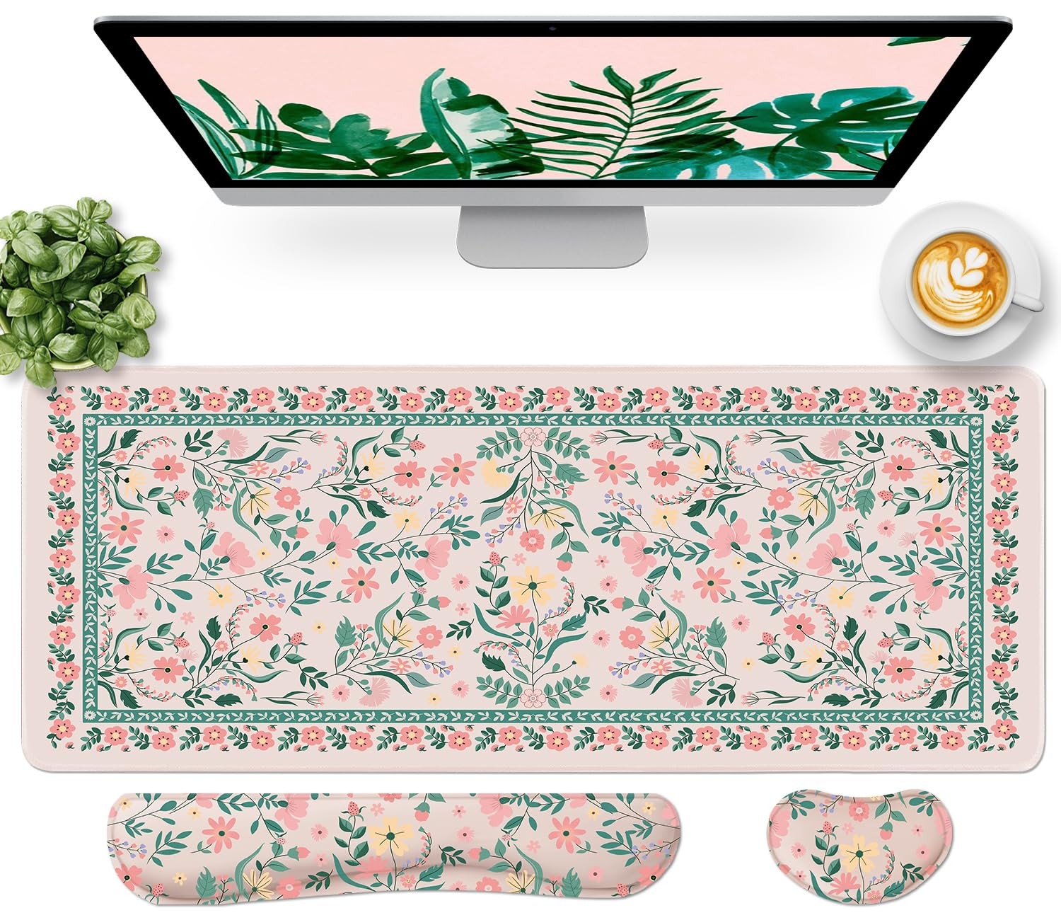 Pink Floral Desk Mat Set, Keyboard and Mouse Pad with Wrist Rest