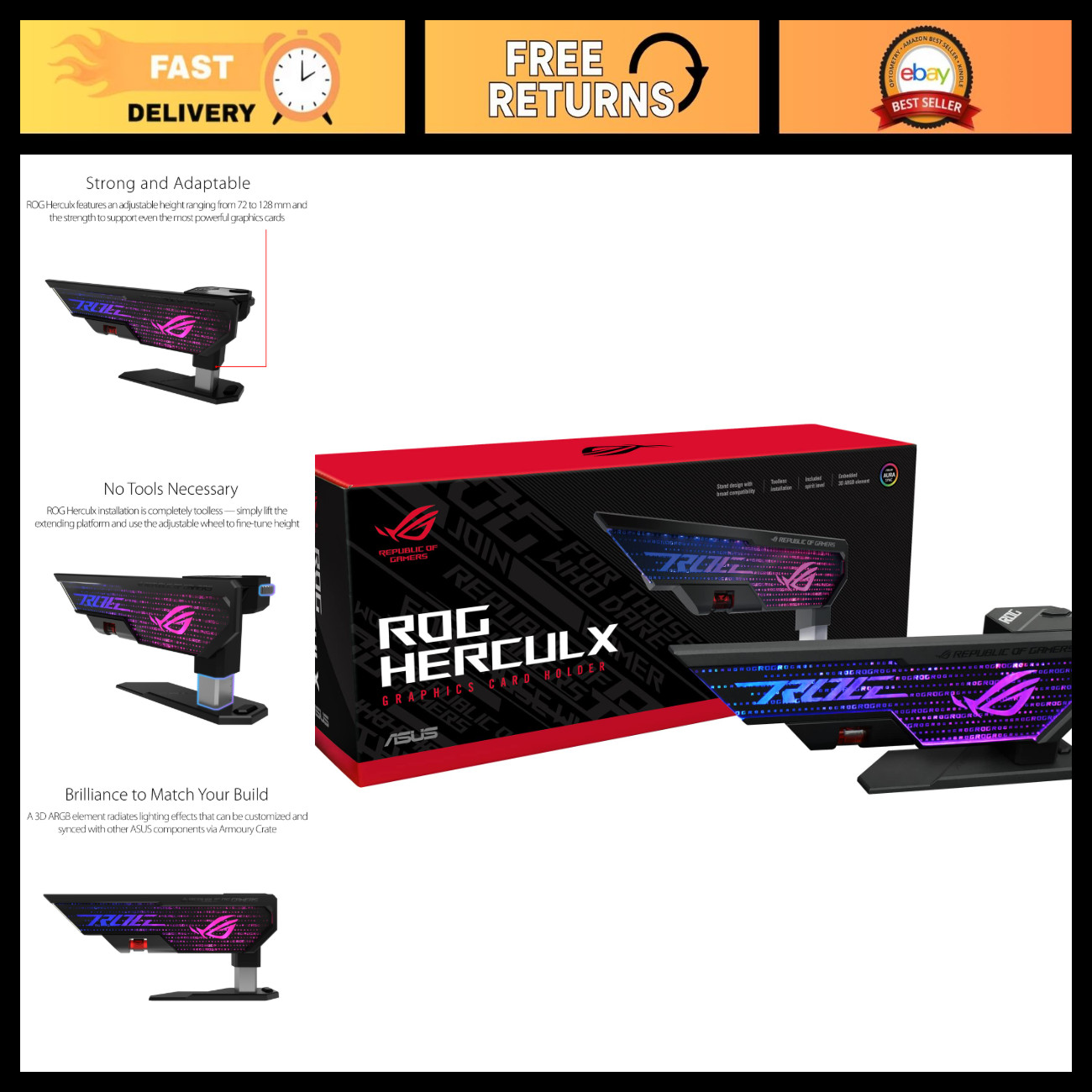 GPU Anti-Sag Holder - Zinc Alloy, Toolless Installation, Adjustable Height, RGB