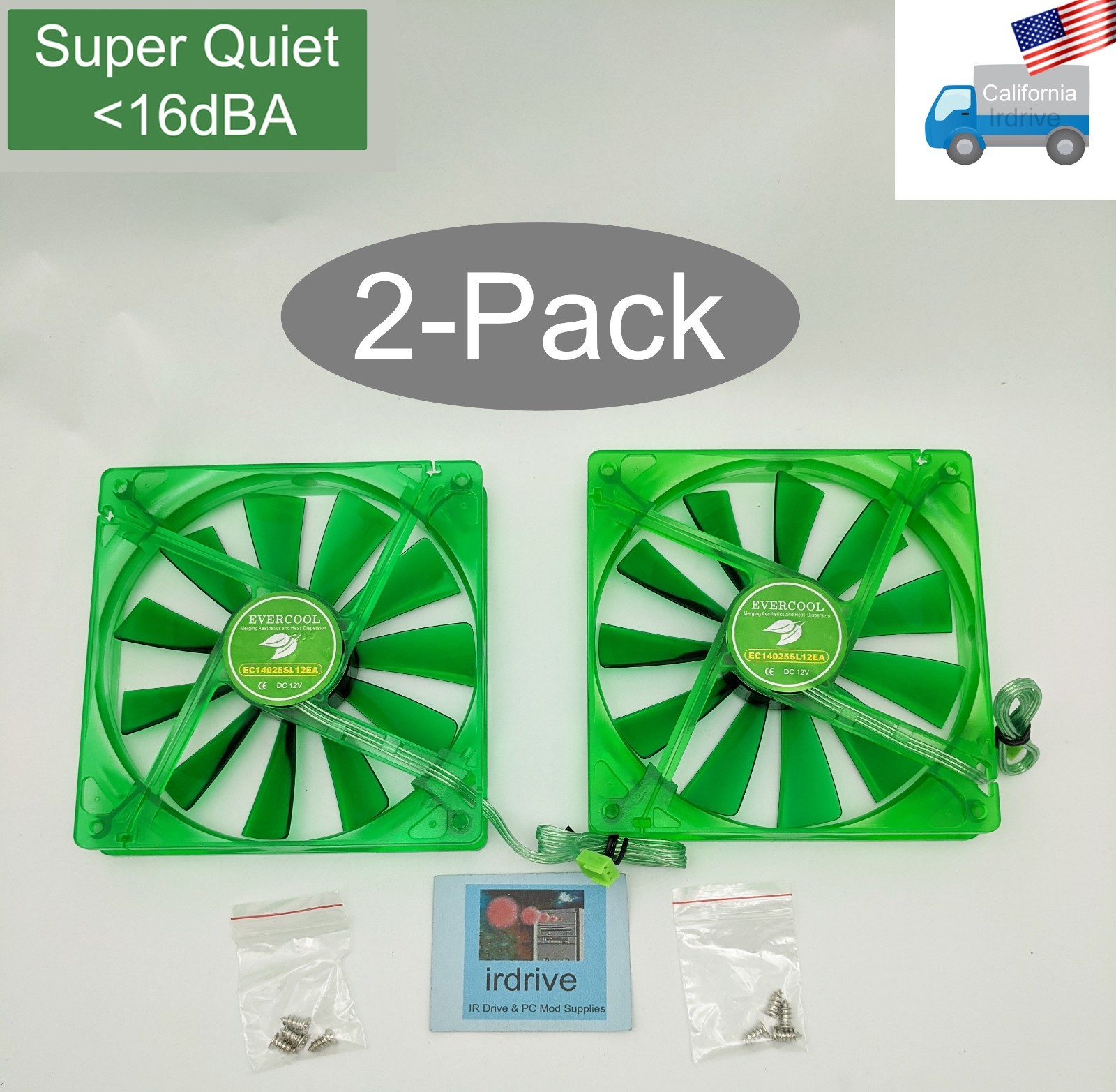 2pack: NEW Evercool Quiet 16dBA Ever Green 140mm 3pin PC Case Cooling Fan EGF-14