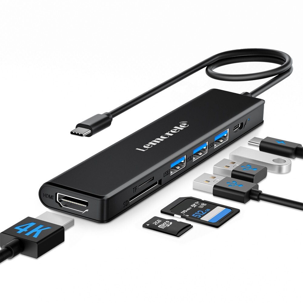 Lemorele Hub Usb-c 3.0 7-in-1 Adaptador Multipuerto 4k Hdmi/USB 3.0/SD/TF/PD100W
