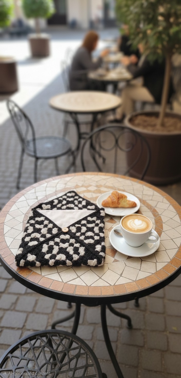 Black And Flecked Cream Crochet Granny Square Lined Laptop Case Button Close