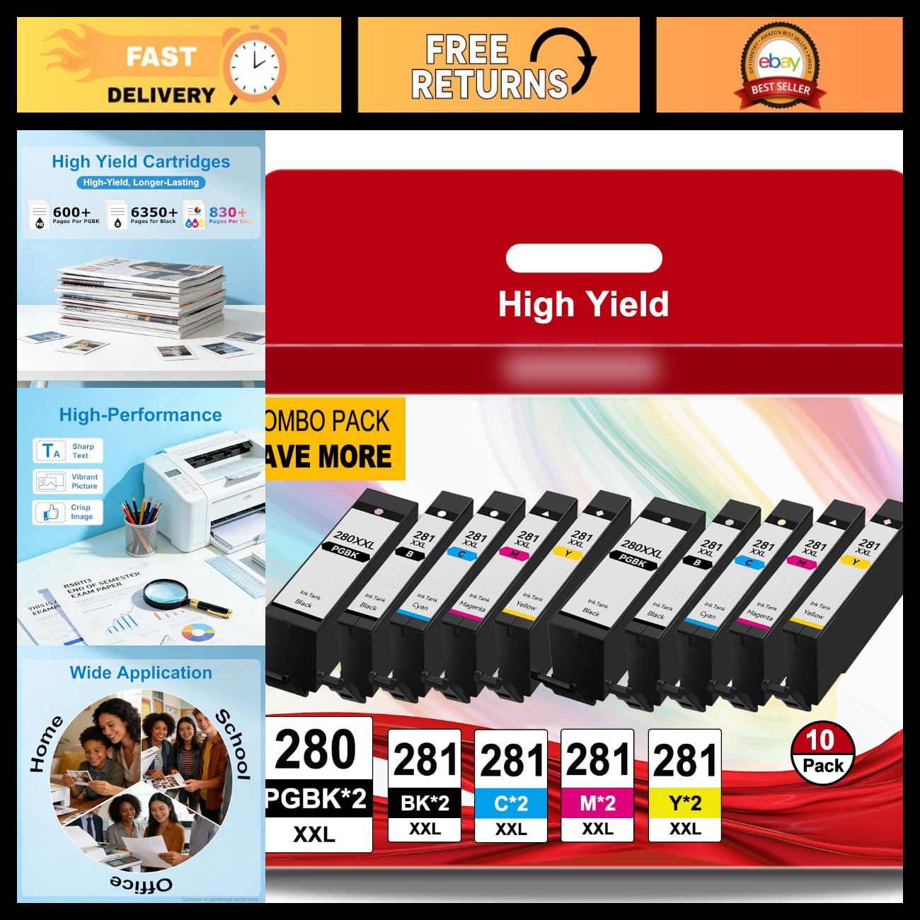 10 Pack Compatible Ink Cartridges for Canon 280 281 PGI-280 CLI-281 - High Yield