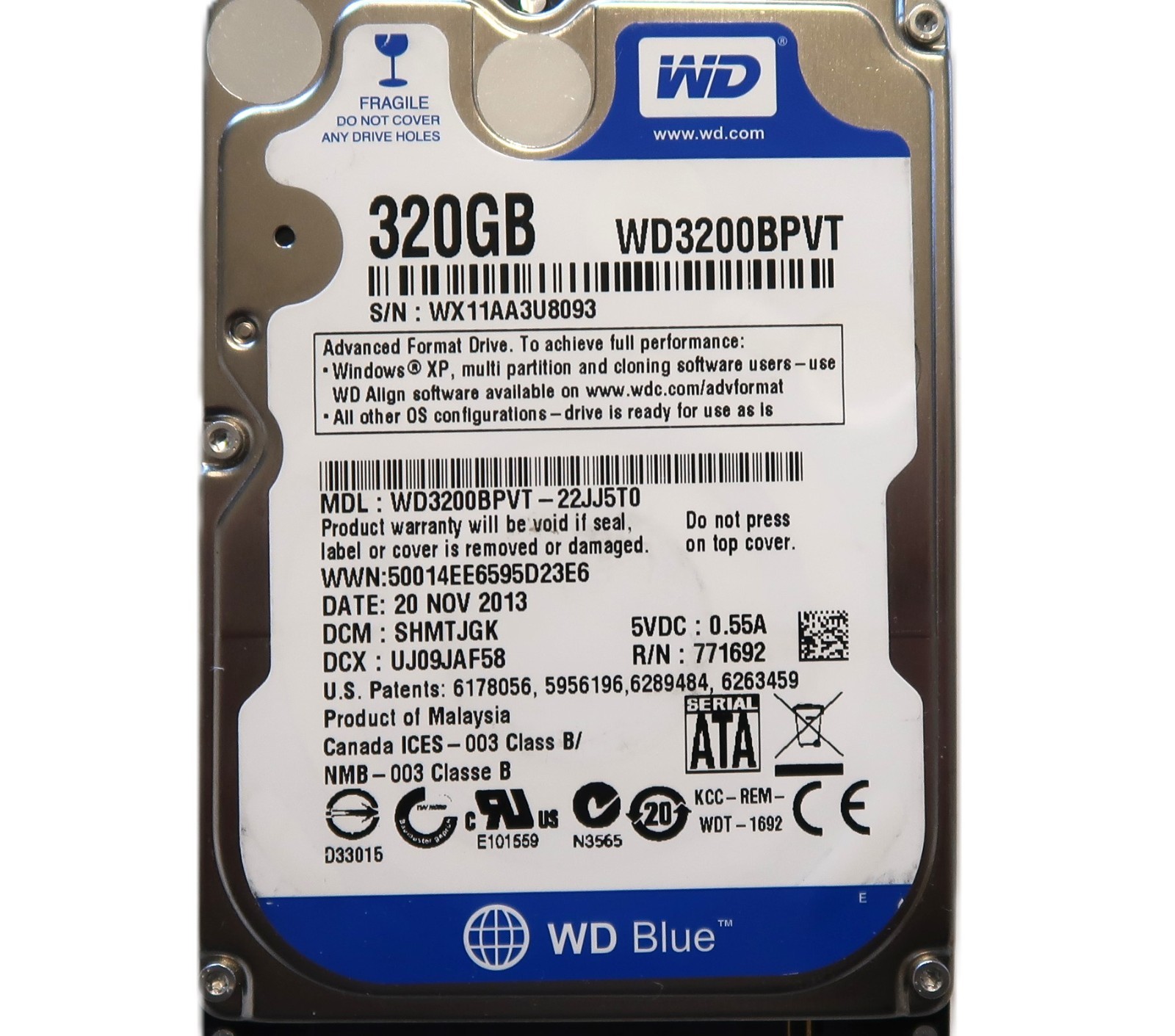 WD WD3200BPVT-22JJ5T0 SHMTJGK (WX11) Malaysia 2.5" 320gb Sata HDD NOV/2013