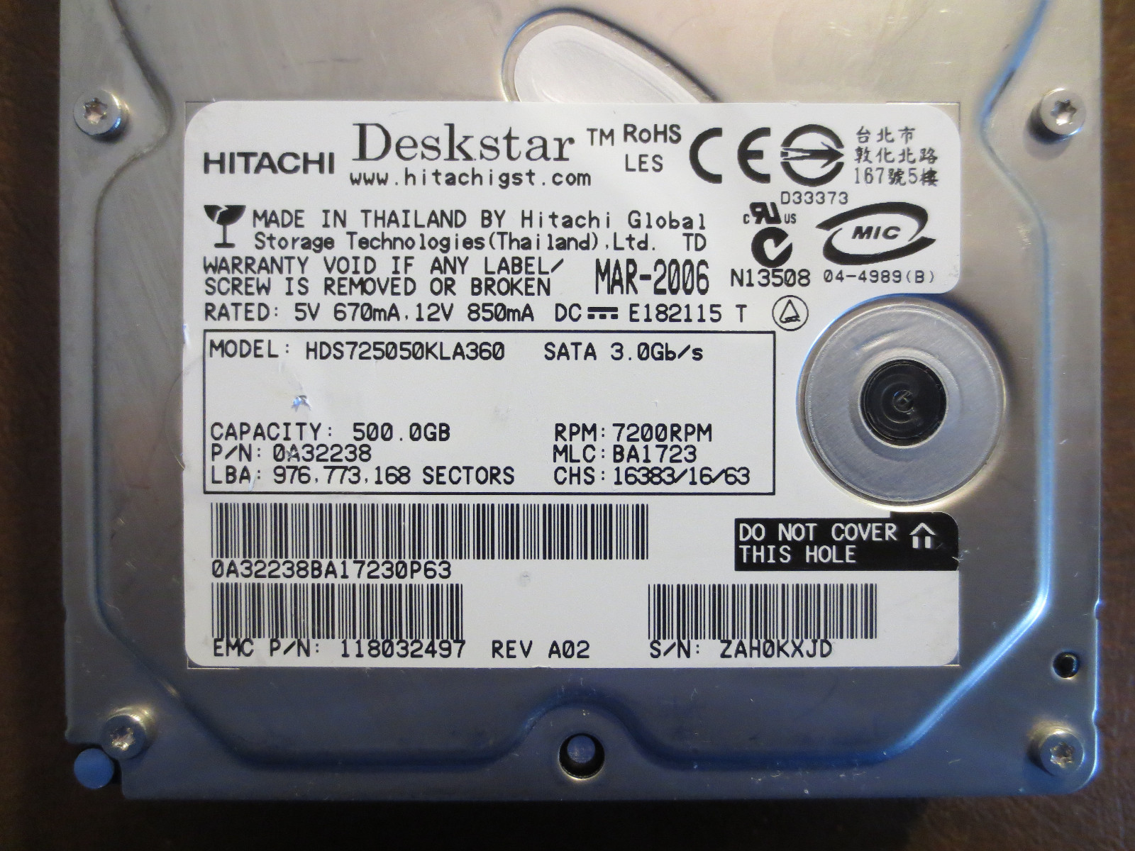 Hitachi HDS725050KLA360 PN:0A322238 MLC:BA1723 500gb 3.5" Sata HDD