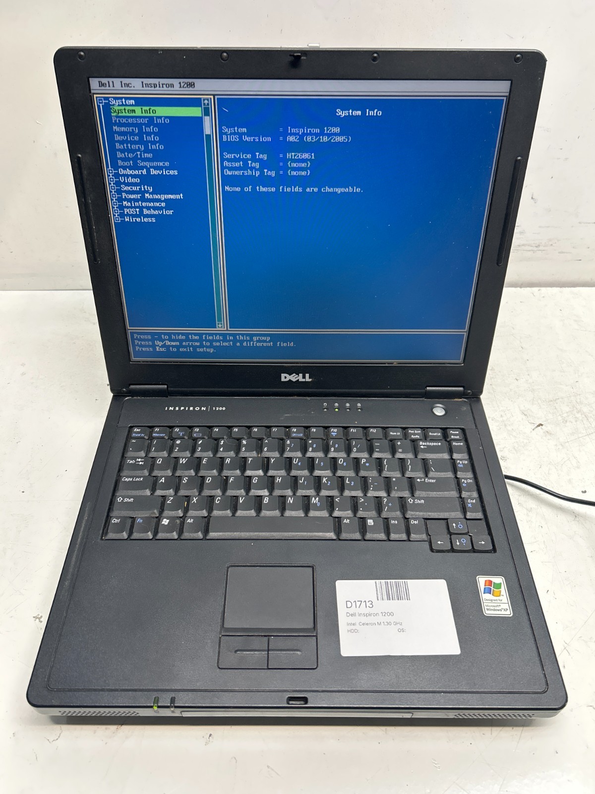 Dell Inspiron 1200 Intel Celeron M 1.30 GHz  NO HDD