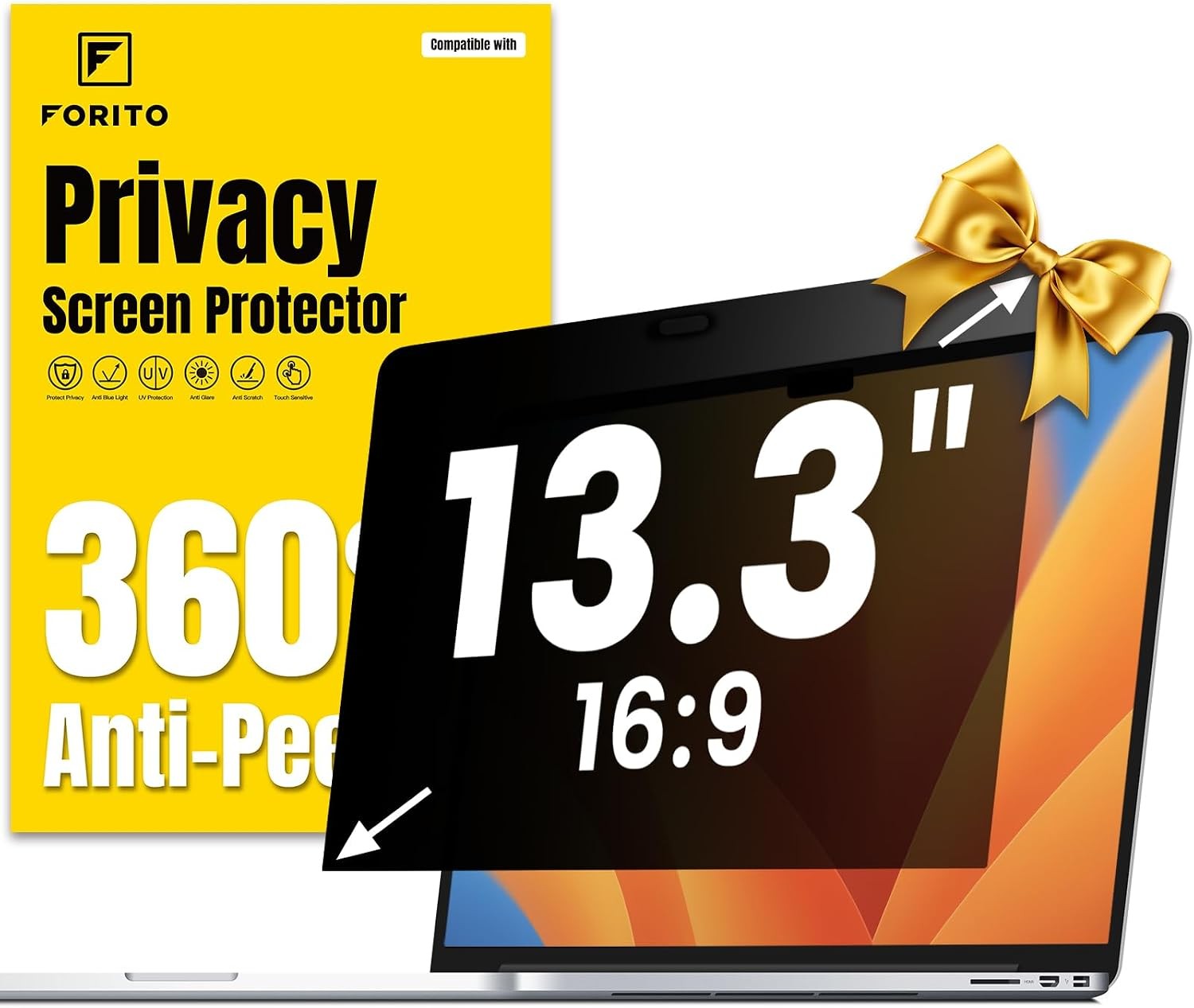 360° Laptop Privacy Screen Protector 13.3 Inch 16:9, Anti Glare & Anti Peeping S