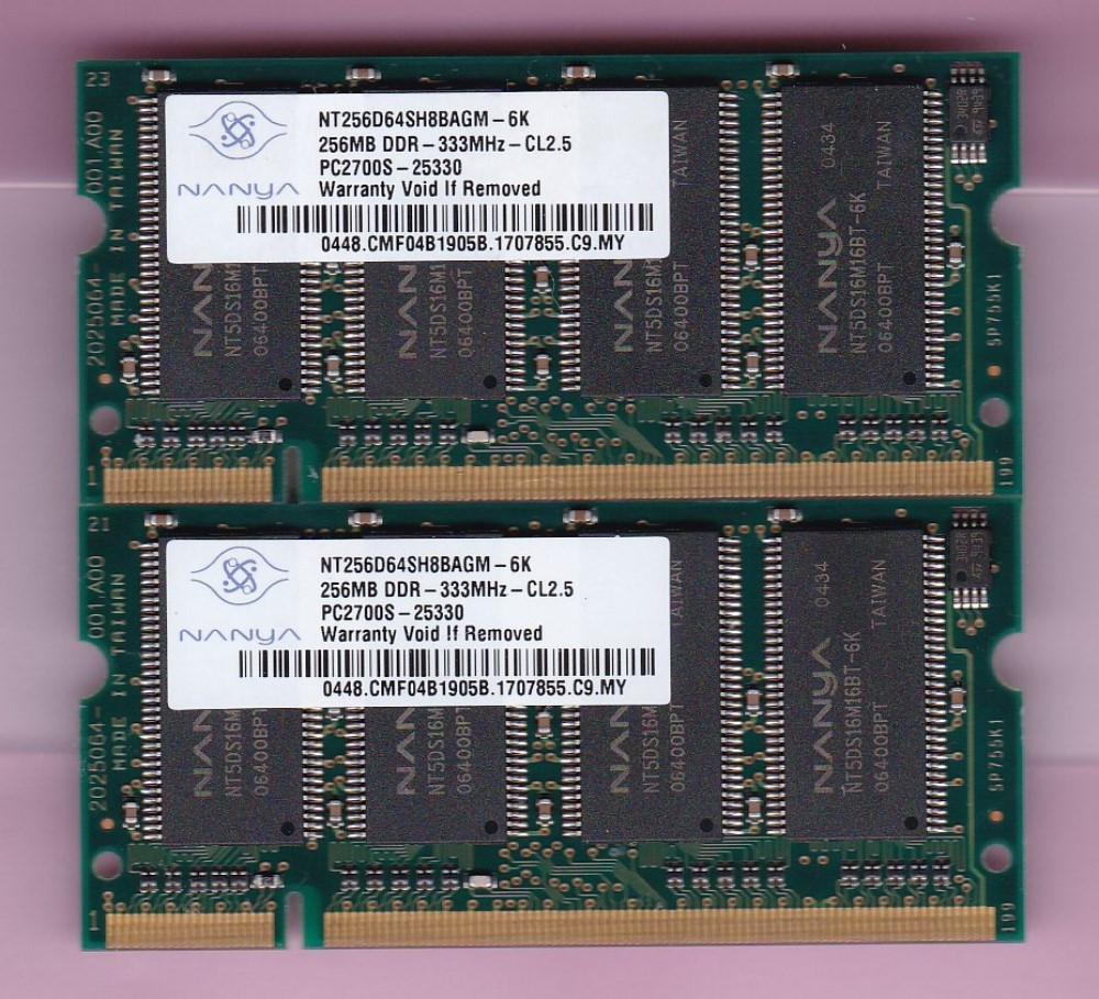 512MB 2x256MB PC-2700S DDR-333 NANYA NT256D64SH8BAGM-6K LAPTOP SODIMM Memory Kit