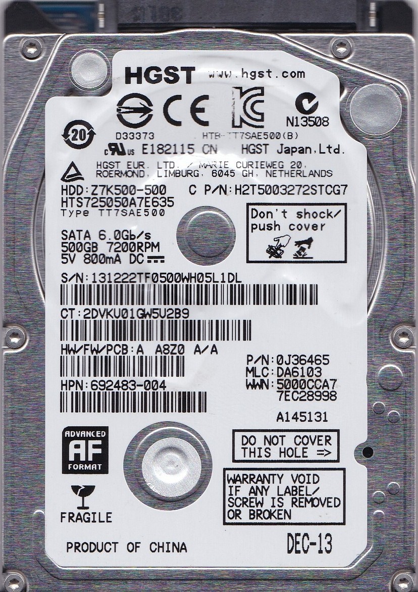HGST HTS725050A7E635 pn: 0J36465 mlc: DA6103 TF0500 CHINA DEC-13 500GB SATA 2.5"