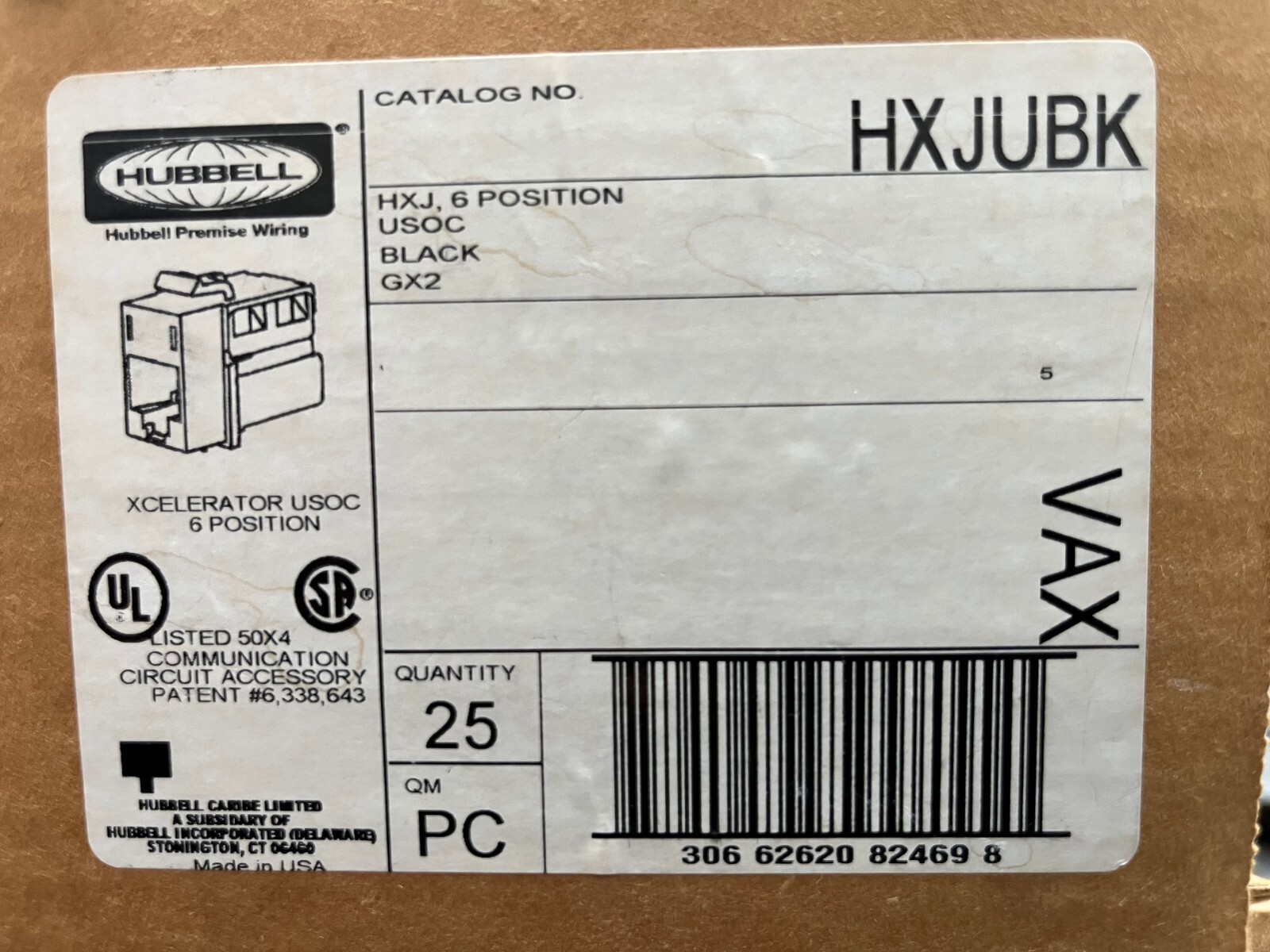 Hubbell Jack USOC HXJUBK HXJ 6-Position RJ-25 USOC Black - QUANTITY OF 25