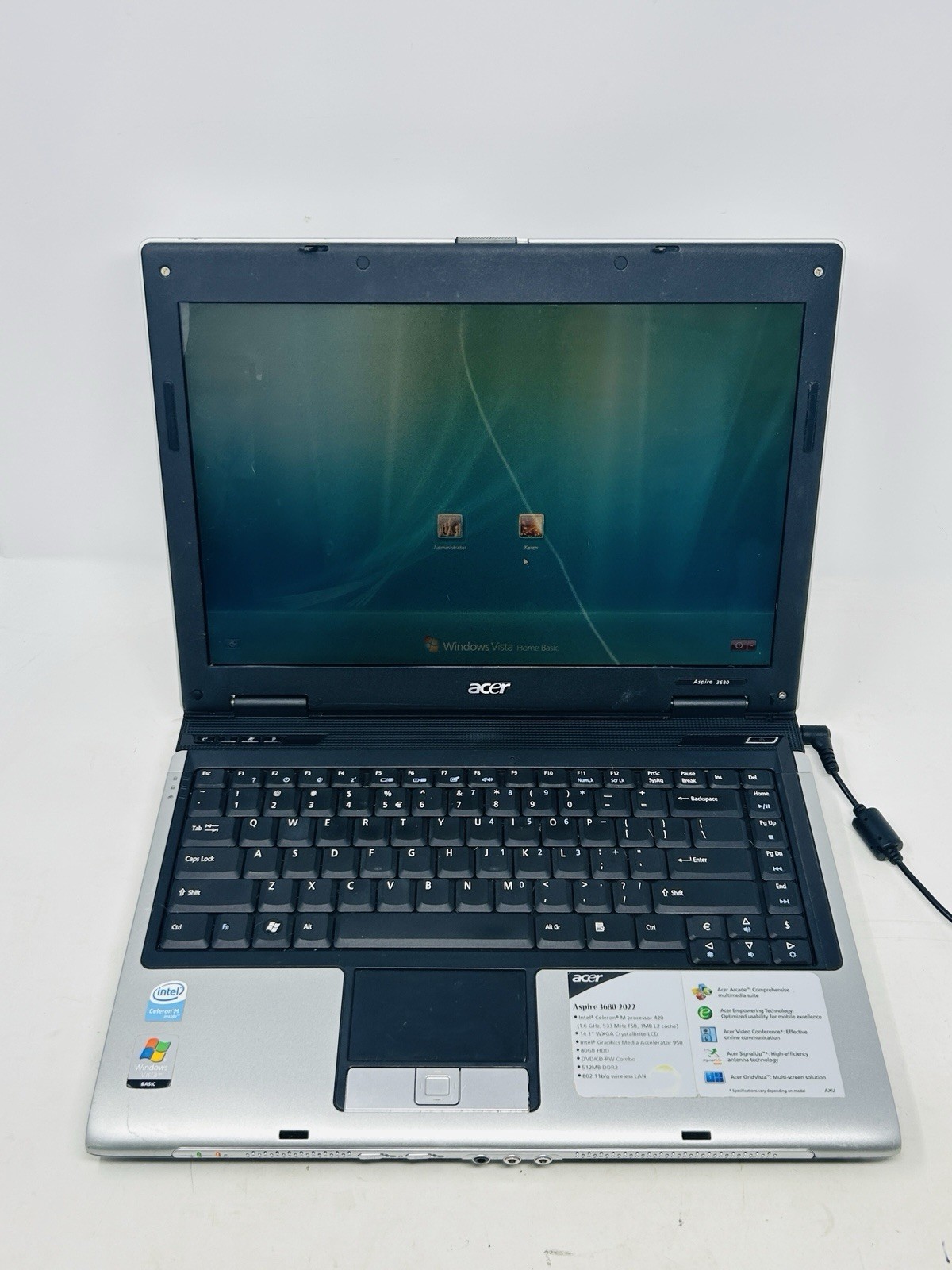 Acer Aspire 3680-2022 14.1” Vintage Laptop Celeron M 80GB Vista + Accessories