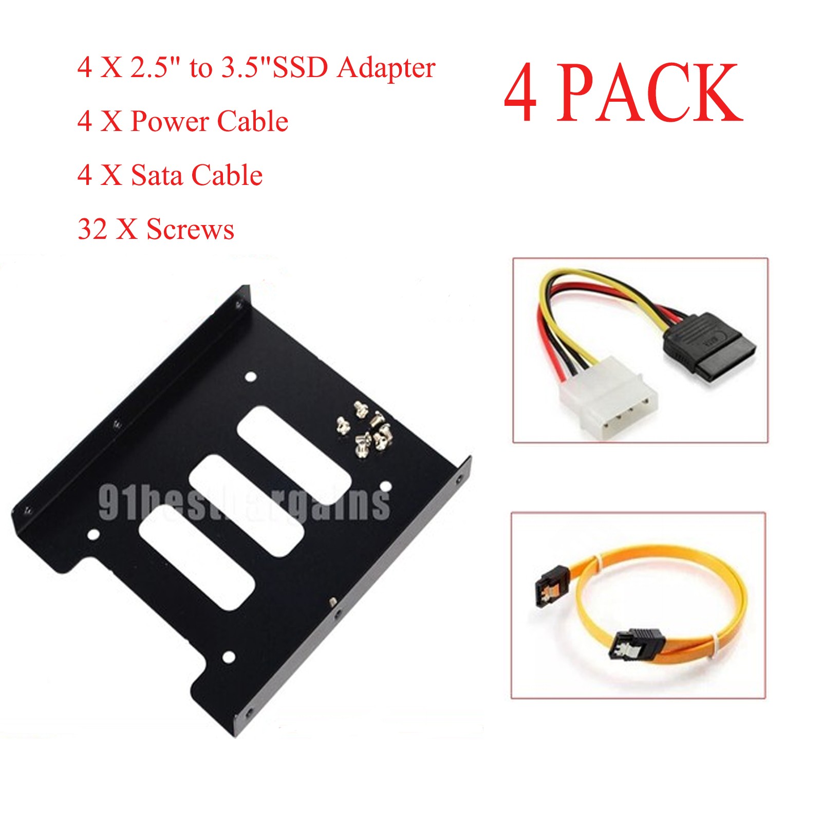 Lot Of 4 2.5" to 3.5" Bay SSD Hard Drive HDD Adapter + SATA Cable + Power Cable