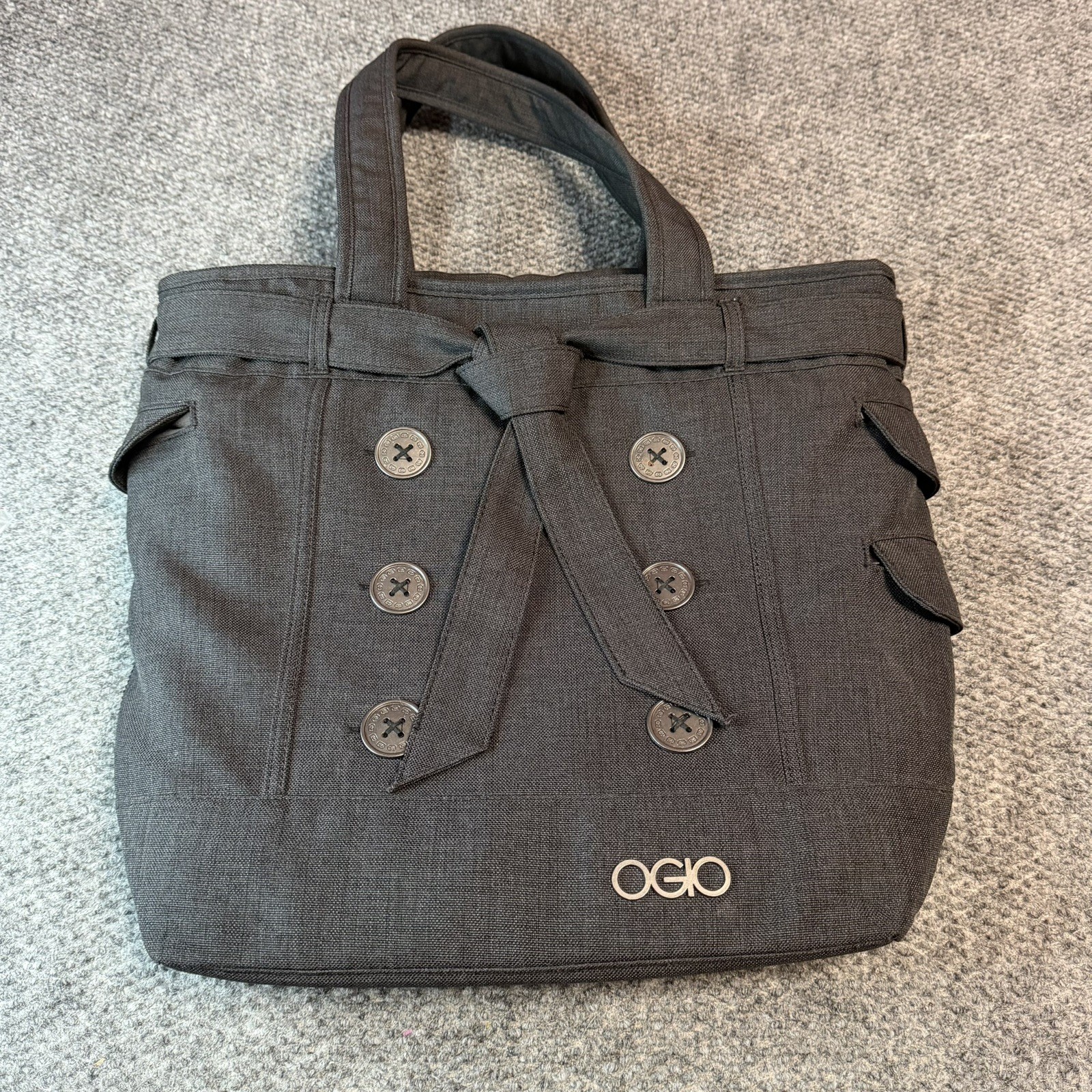 OGIO Hampton Tote Padded Laptop Bag in Storm Gray with Bow and Buttons 