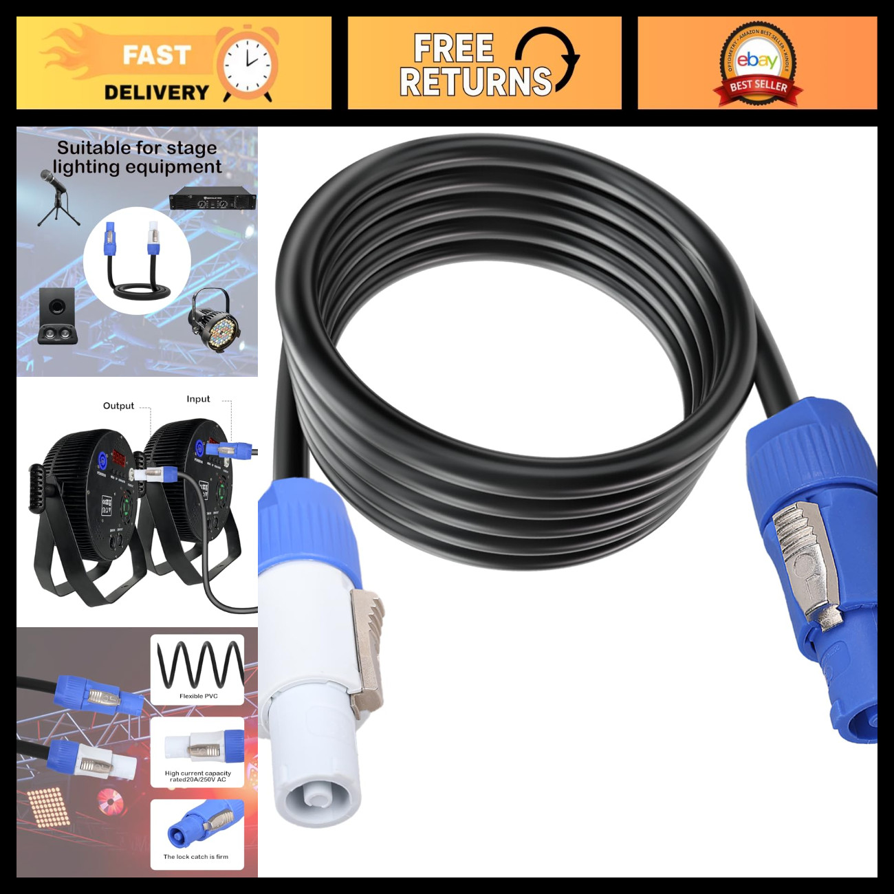 3 Pin Power Cable 12AWG AC Extension for Stage Lights, LED Screens, Audio Gear -