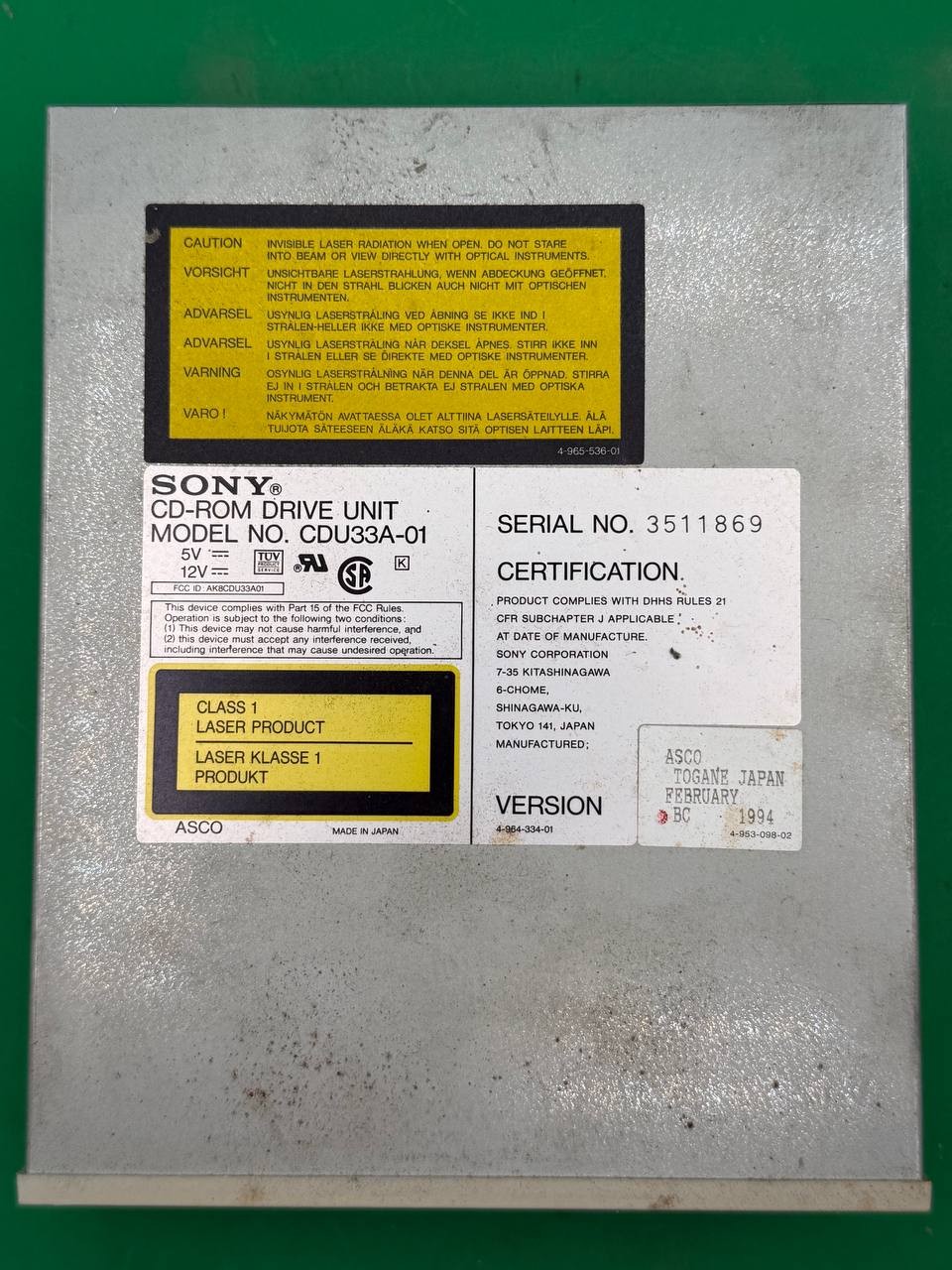 Sony CDU33A-01 Internal CD-ROM Drive 1994 Vintage Made in Japan TC