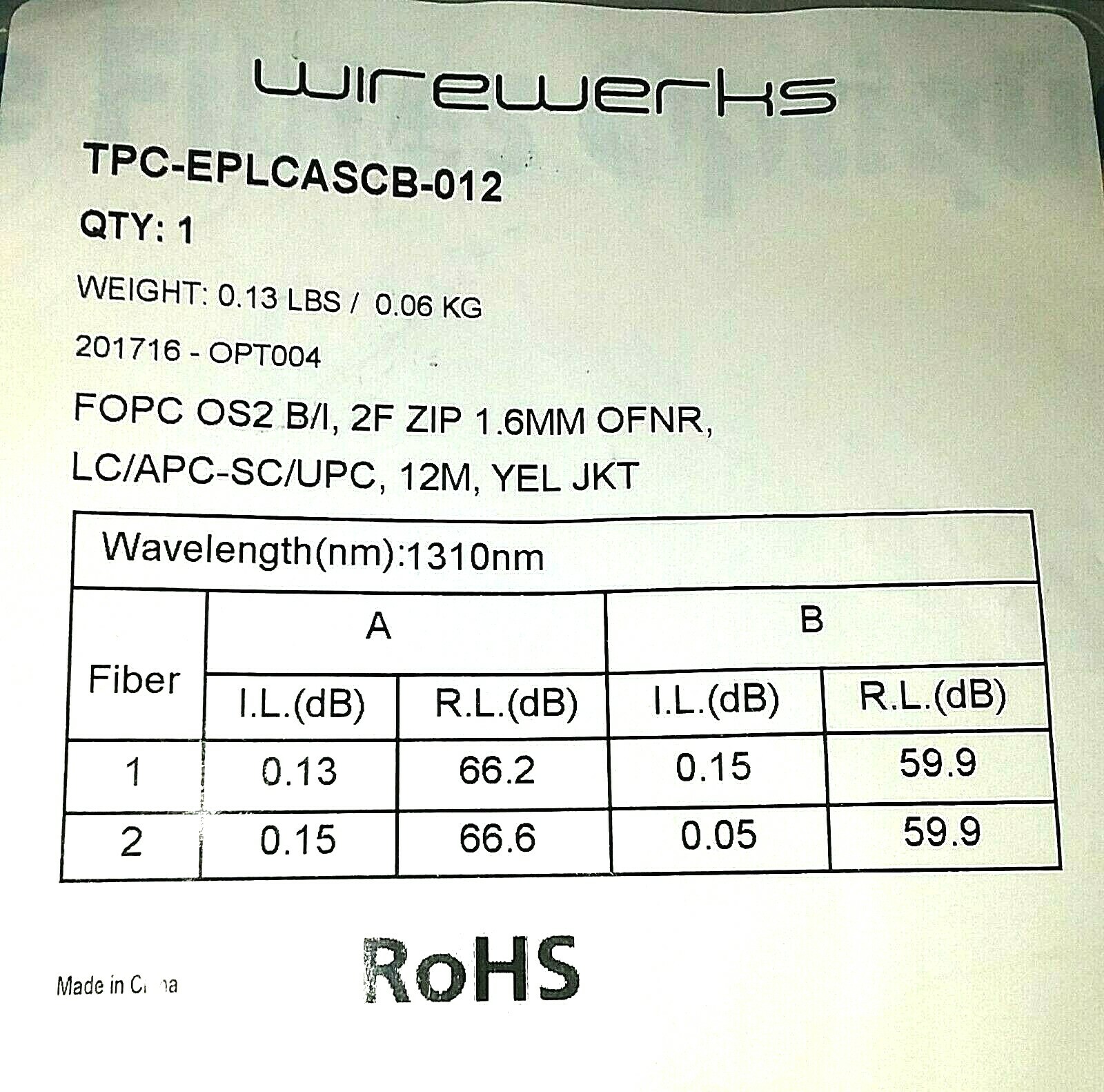 Wirewerks  FOPC OS2 B/I Zip, 1.6mm, 12m; lc/apc-sc/upc; Part #TPC-EPLCASCB-012