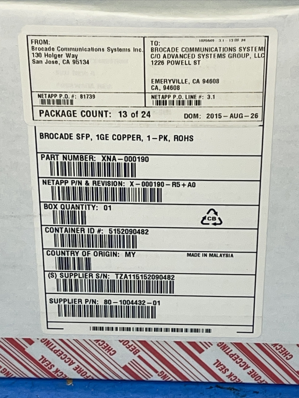 Brocade 57-1000042-01 1GE COPPER  TZA115152090 XBR-000190482 / XNA-000190
