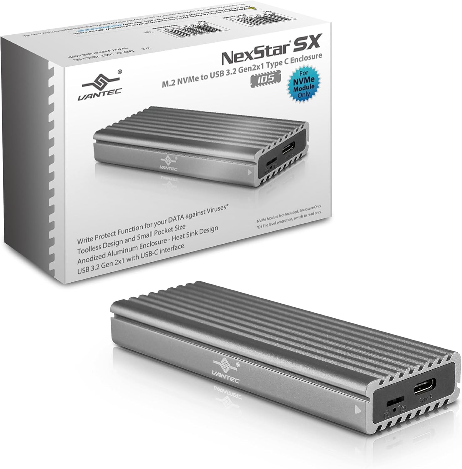 VANTEC M.2 NVME SSD to USB 3.1 GEN 2 Type C Enclosure W/USB Type-C Cable - Space
