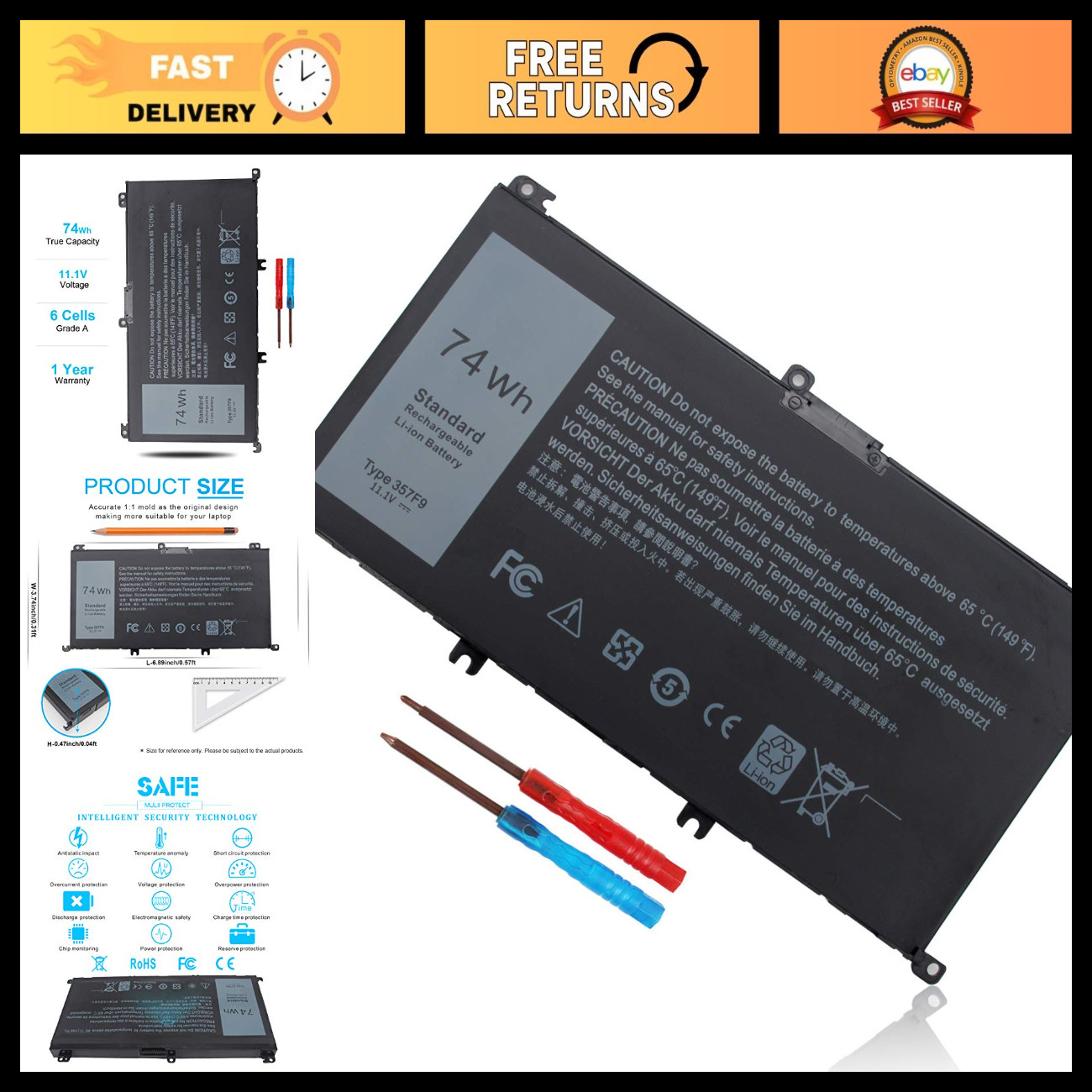 74Wh 6 Cell Laptop Battery for Dell Inspiron 15 7000 Series 11.1V 11.4V Li-ion
