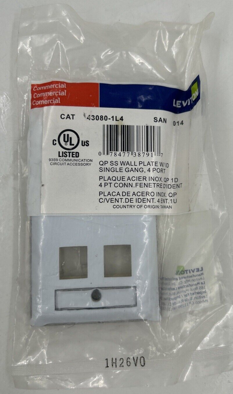 LEVITON 4-PORT single gang  QUICKPORT  SS WALLPLATE W/ ID WINDOW 43080-1L4  