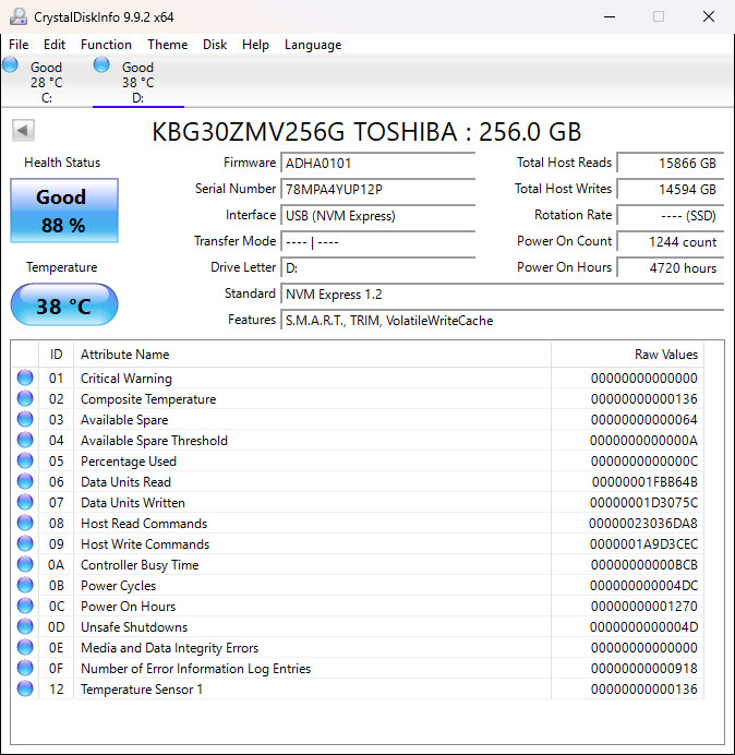 Toshiba BG3 KBG30ZMV256G 256 GB NVMe M.2 2280 80mm Solid State Drive