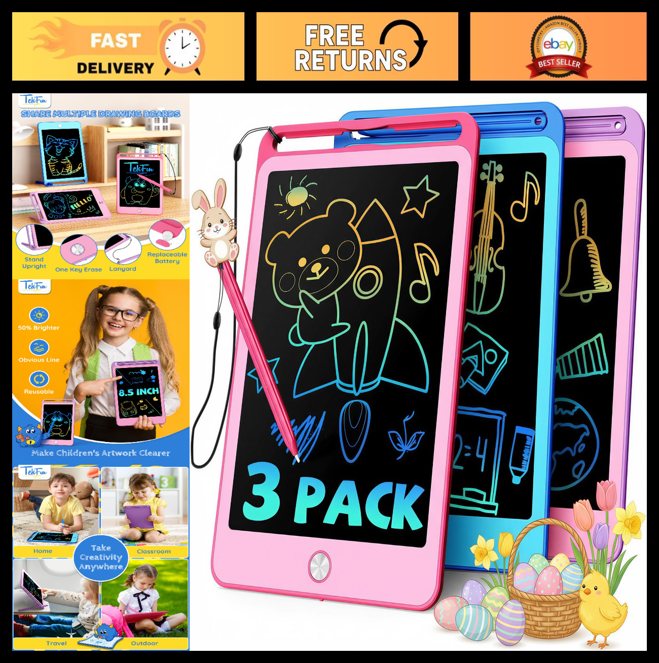 3 Pack LCD Writing Tablet for Kids - 8.5 Inch Doodle Board Set, Reusable Drawing