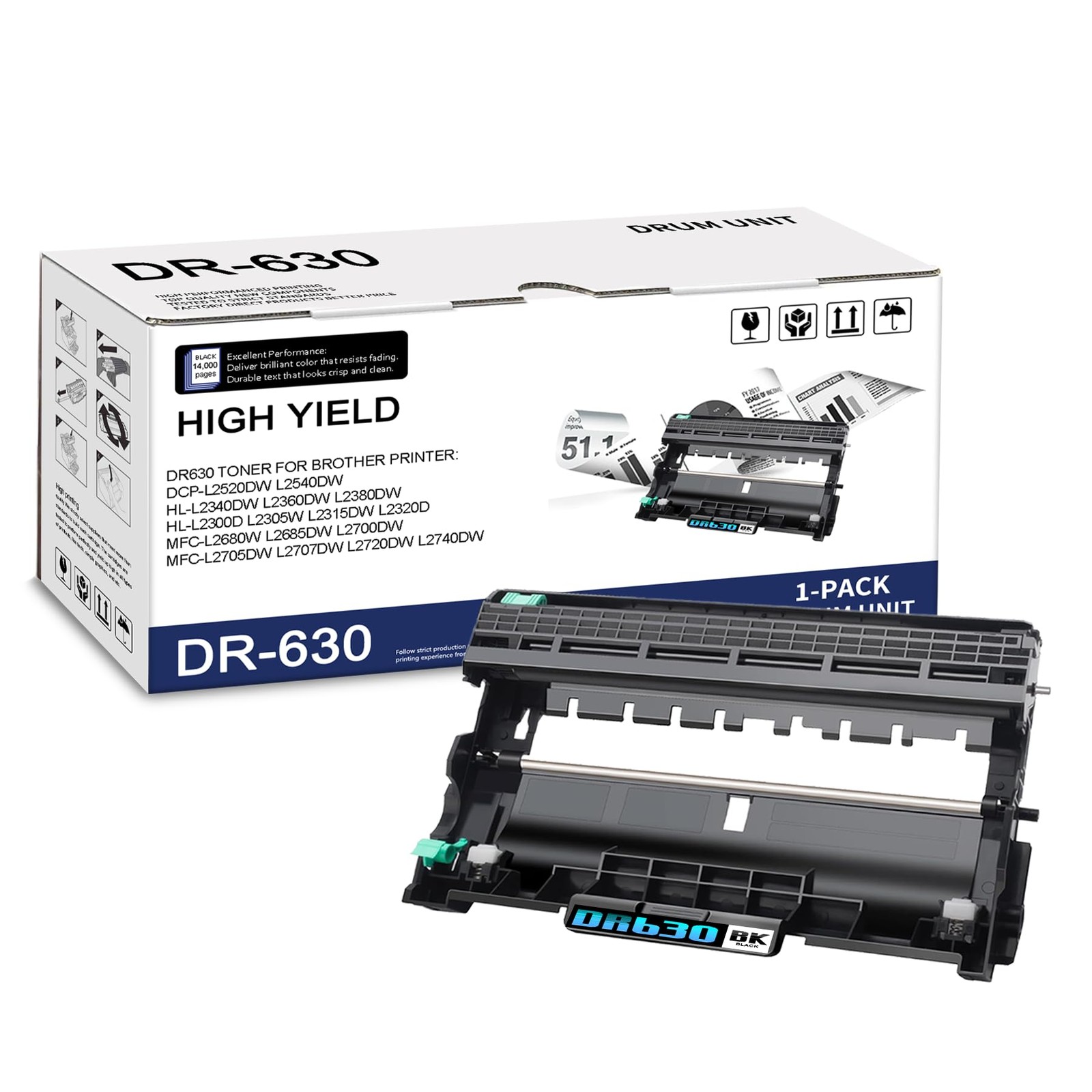 1-Pack DR630 High Yield Black Drum Unit, for Brother HL-L2300D L2305W L2315DW...