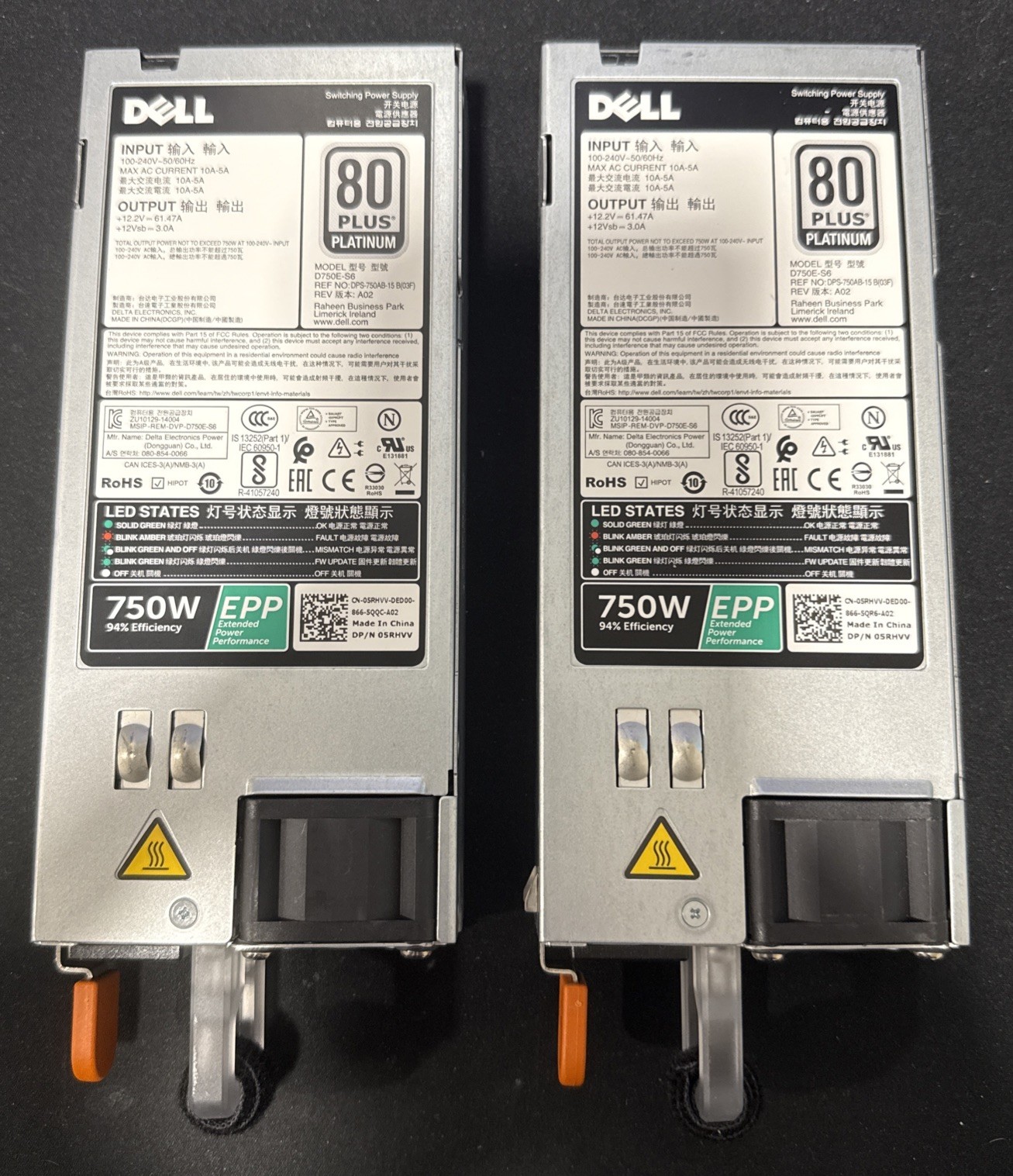 Lot of 2 - Dell PowerEdge D750E-S6 750W Power Supply Dell P/N: 05RHVV