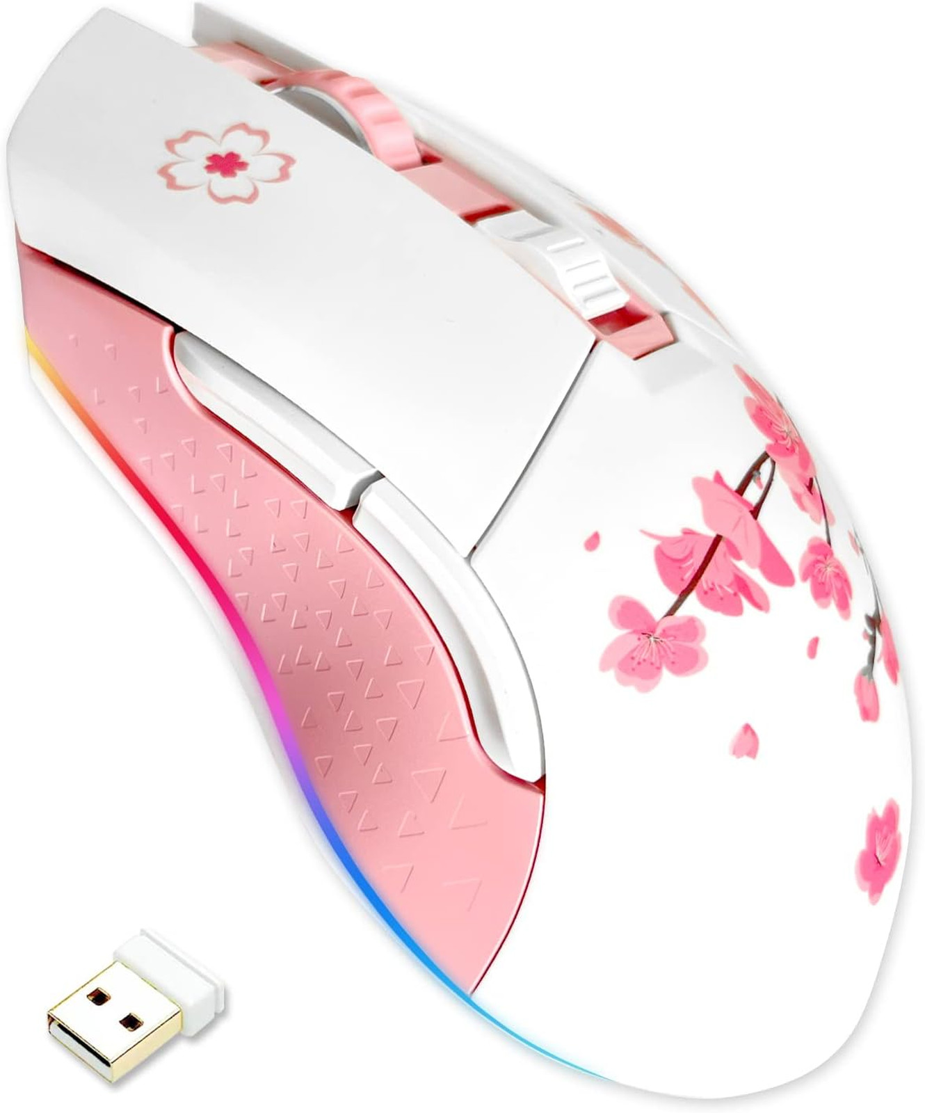 Wireless Gaming Mouse Pink RGB Cherry Blossom Dual Mode 6 Programmable Buttons