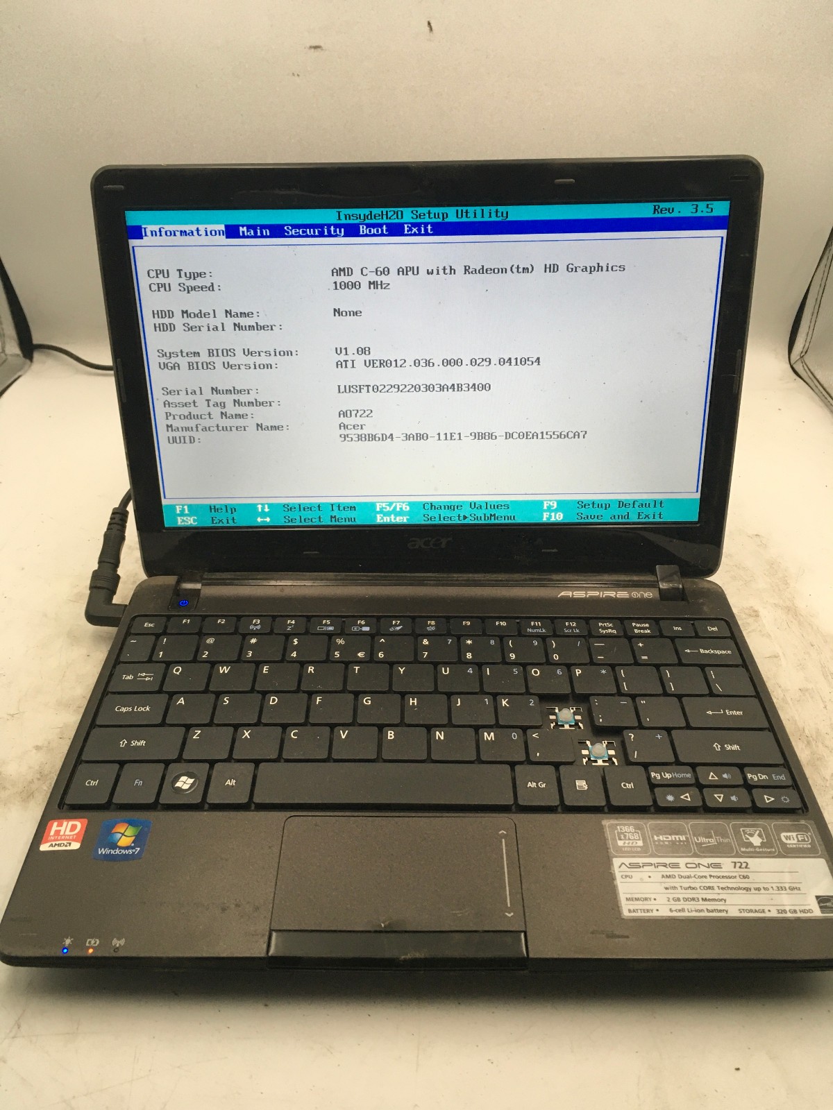 ACER ASPIRE ONE 722 - LOT OF 3 - BOOTS TO BIOS - AMD C60 - NO RAM -READ DESC- BB