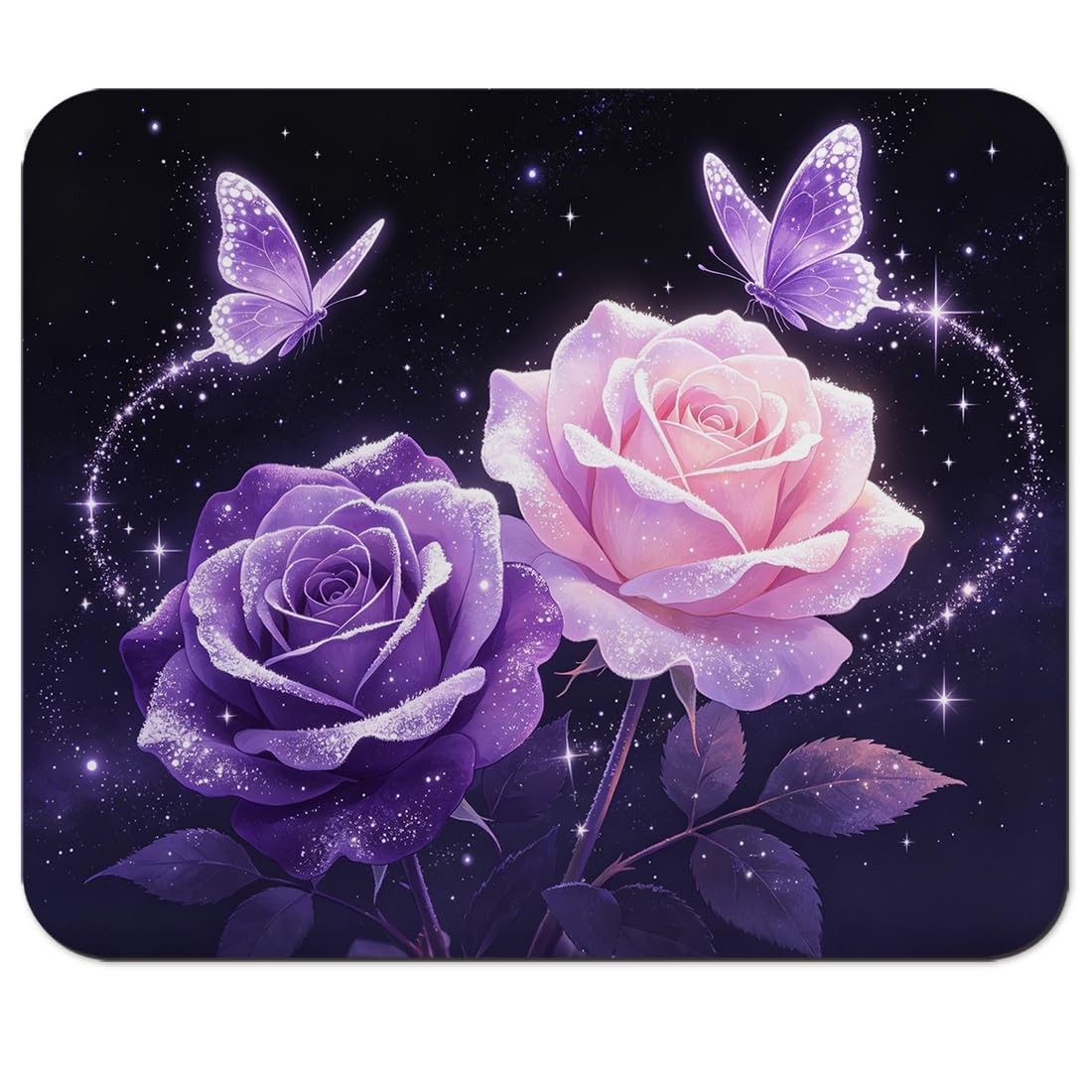 Glowing Purple and Pink Roses with Butterflies Mouse Pad 9.5" x 7.9", Sparkly...