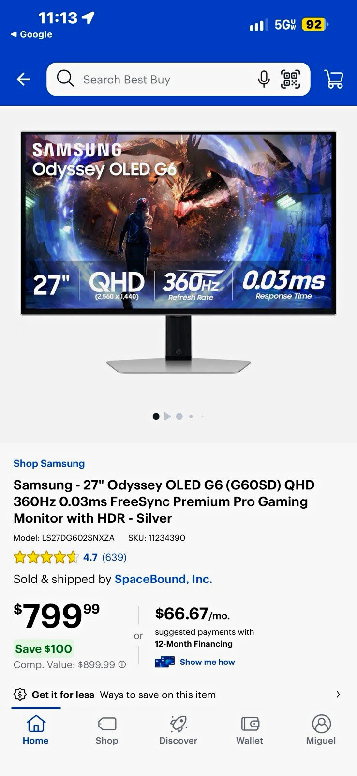 Samsung Odyssey OLED G6 27" QHD OLED 360Hz 0.03ms Gaming Monitor Silver