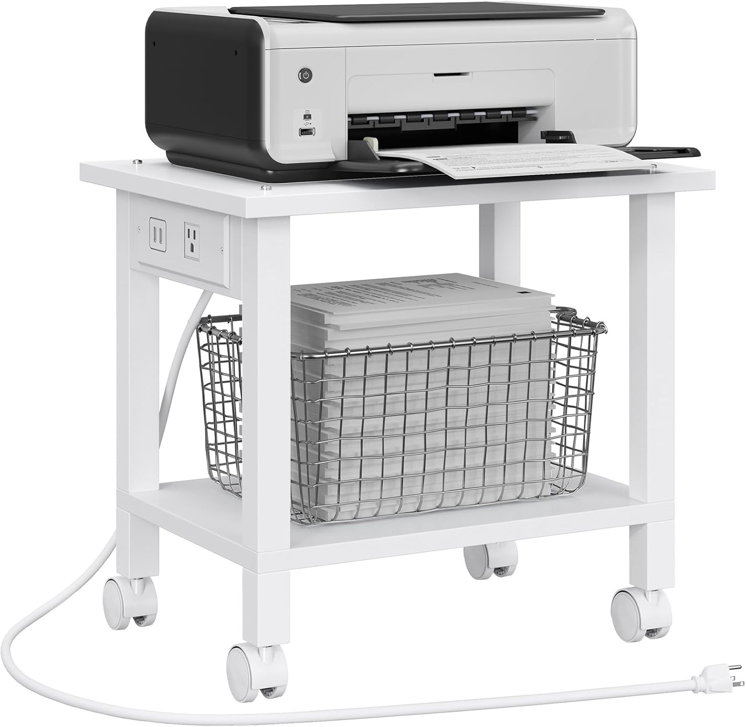 TUTOTAK 2 Tier Printer Stand, Rolling Printer Cart with Power Outlets and USB Po