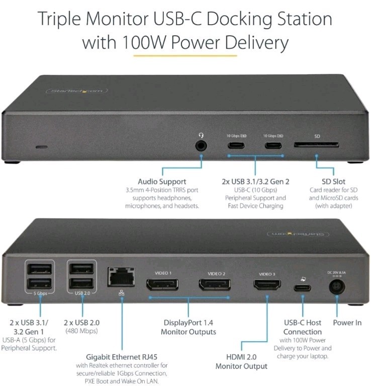 NEW StarTech Universal Docking Station USB-C Triple Monitor 4K LAPTOP & OFFICE 