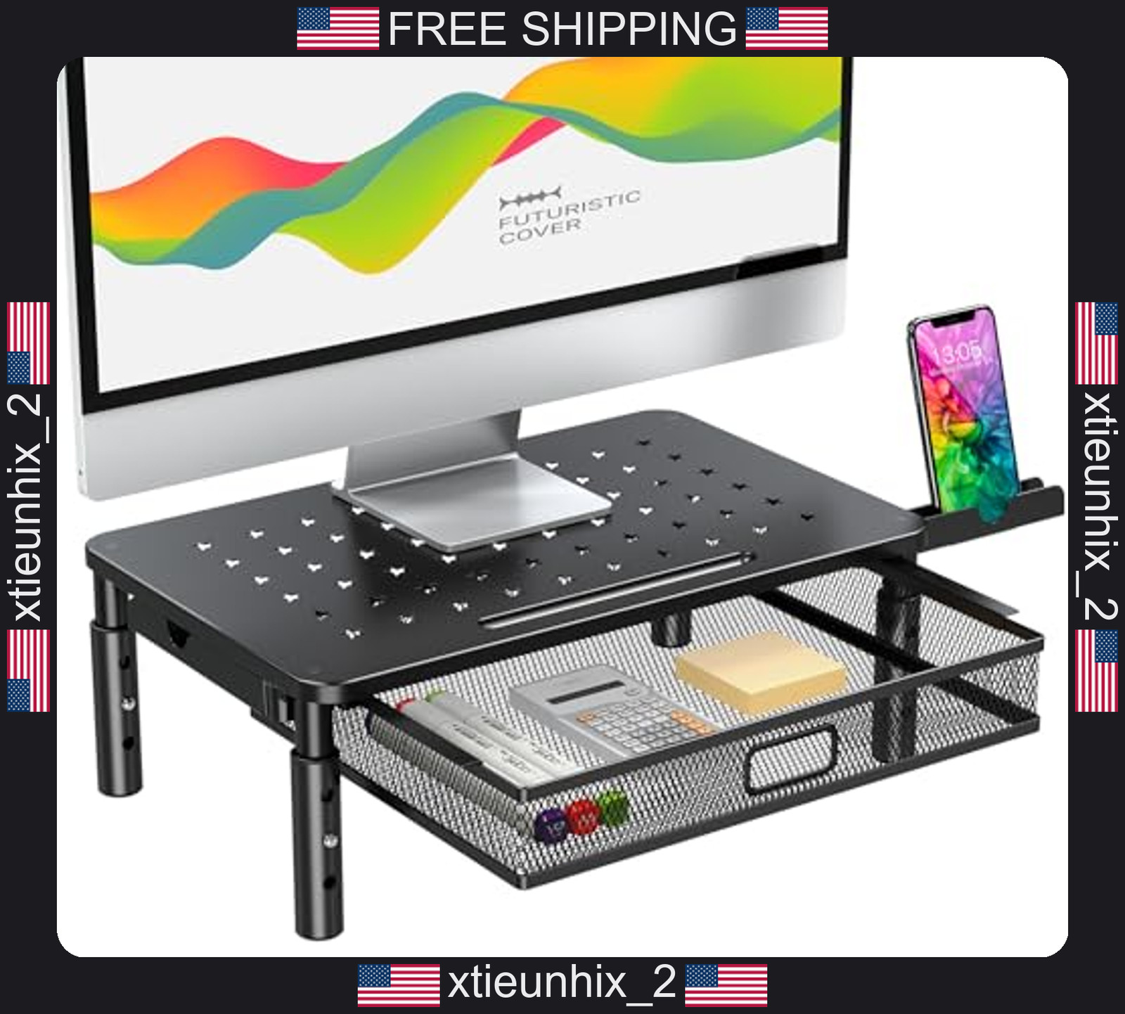 Adjustable Monitor Riser Stand with Metal Mesh Drawer and Phone Holder