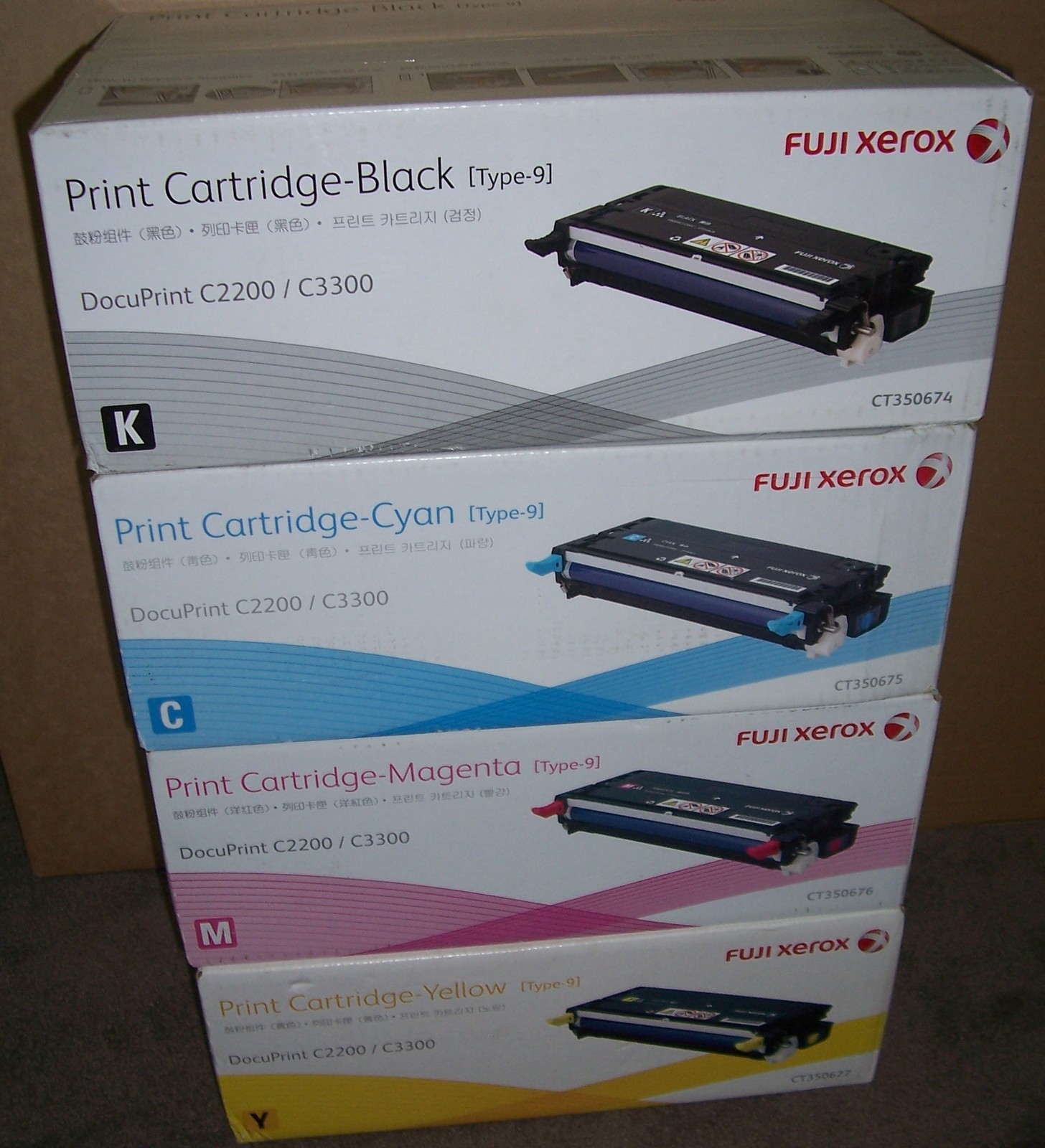 4x Fuji Xerox genuine [Type-9] CT350674/5/6/7 toners Bk,Cyan,Mag,Ylw C2200/C3300