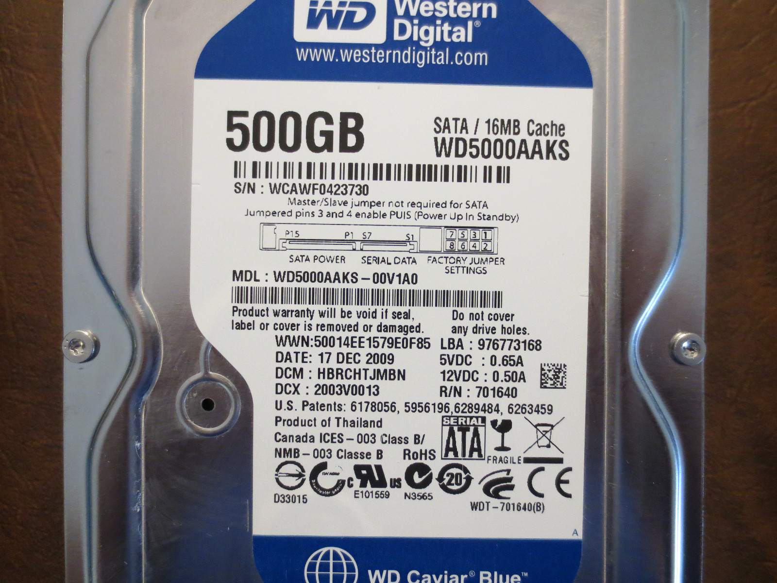 Westrern Digital WD5000AAKS-00V1A1 DCM:HBRCHTJMBN 500gb 3.5" Sata Hard Drive 