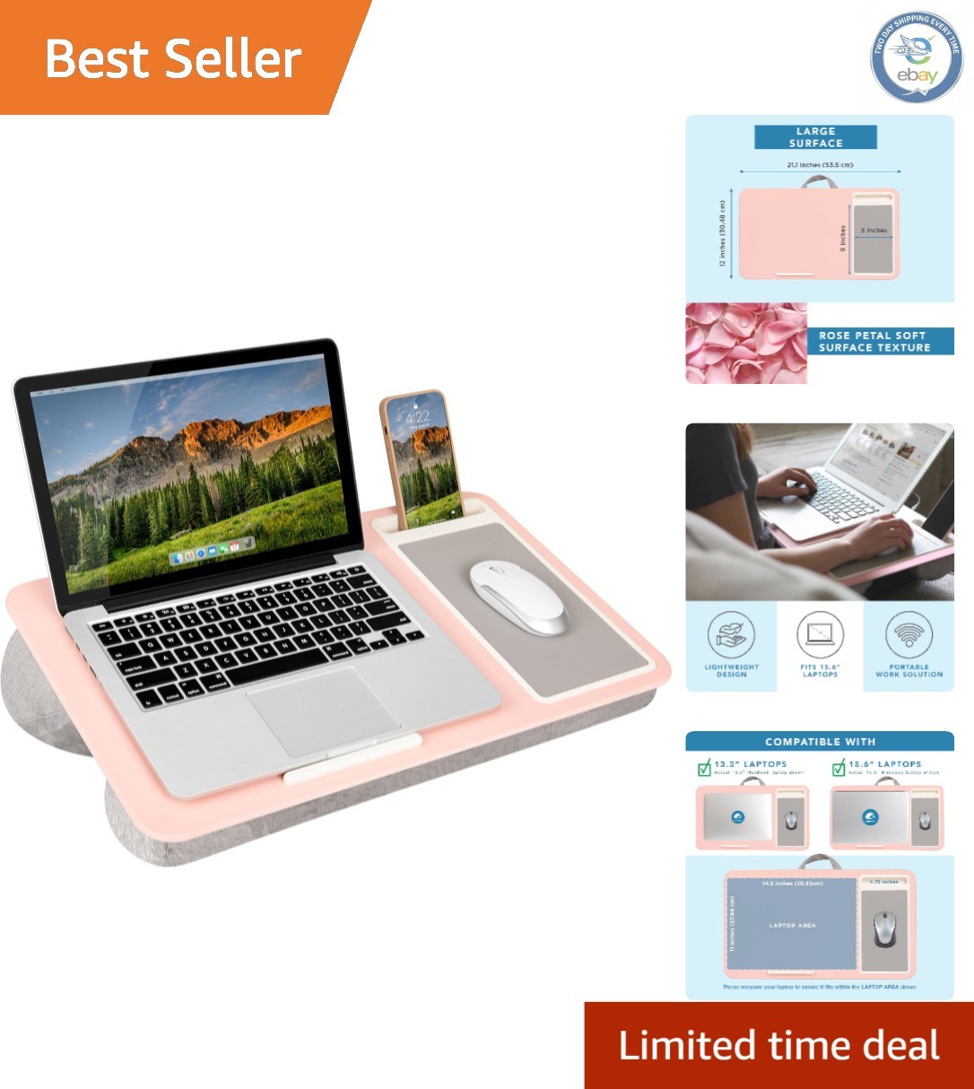 Spacious Lap Desk with Built-in Mouse Pad - Comfortable Design for Laptops 15.6"