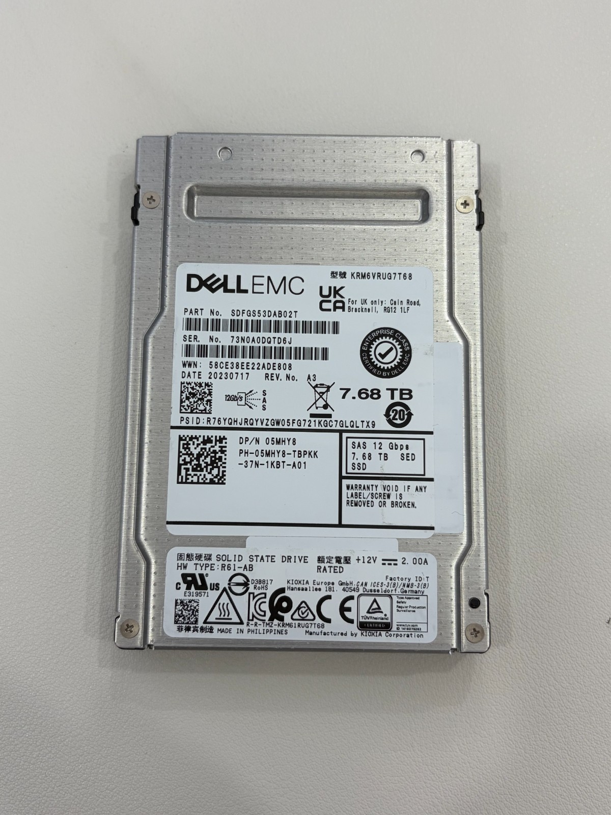 Dell 5MHY8 05MHY8 KRM6VRUG7T68 7.68TB SSD 2.5 in SAS 12Gbps RI SED SDFGS53DAB02T