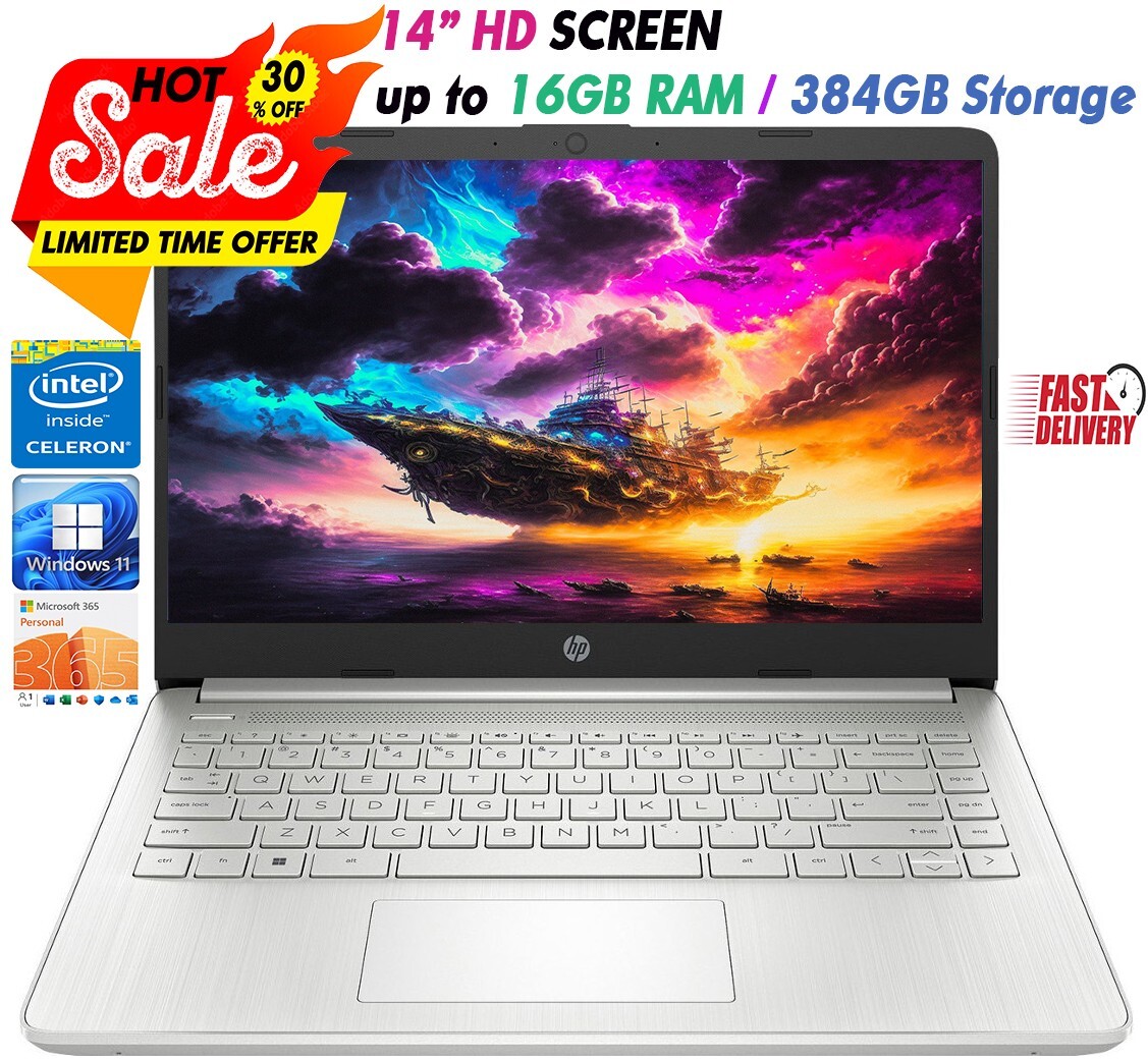 HP Newest Laptop 14"HD Intel 4-Core Up to 16GB RAM & 384GB Storage Win11 Silver