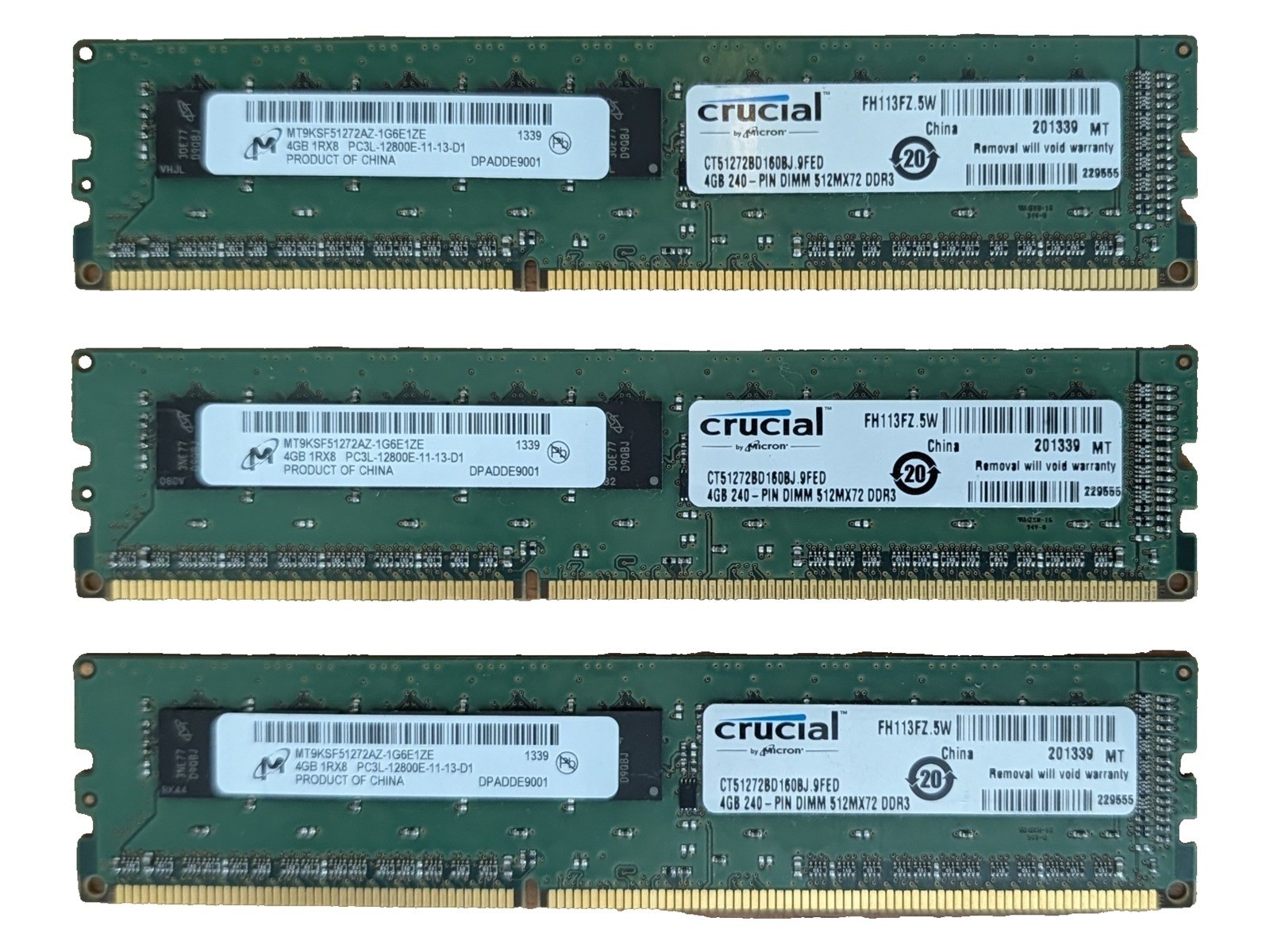 12GB 3x4GB Micron MT9KSF51272AZ-1G6E1ZE PC3L-12800E DDR3L ECC UDIMM RAM