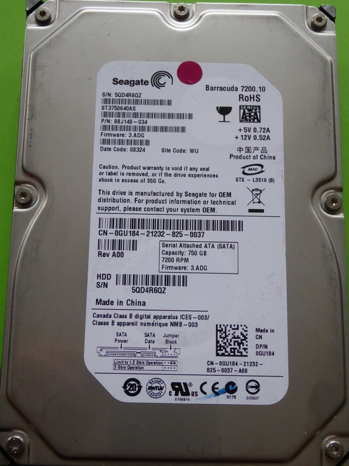 Seagate ST3750640AS SN: 5QD PN: 9BJ148-034 FW: 3.ADG WU 750GB 