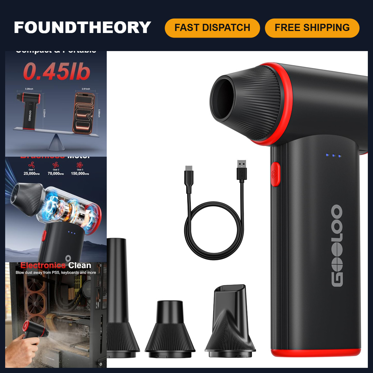 High-Power Compressed Air Duster 150,000 RPM - Ultra-Quiet PC Cleaning Tool